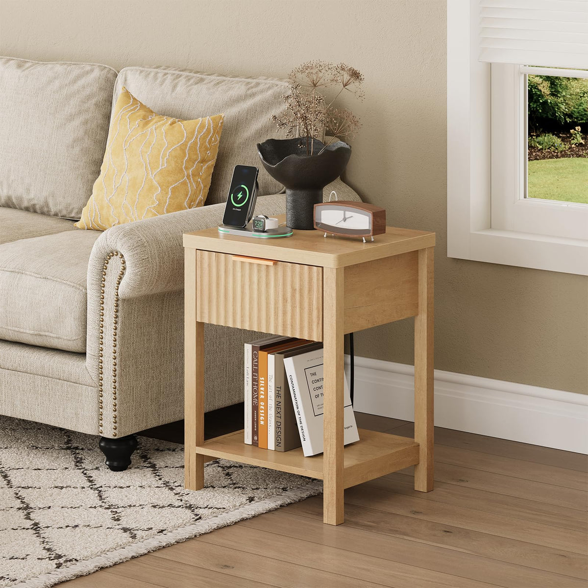 ELYKEN Fluted Nightstands Set 2 with Storage Drawer & Power, Natural Oak