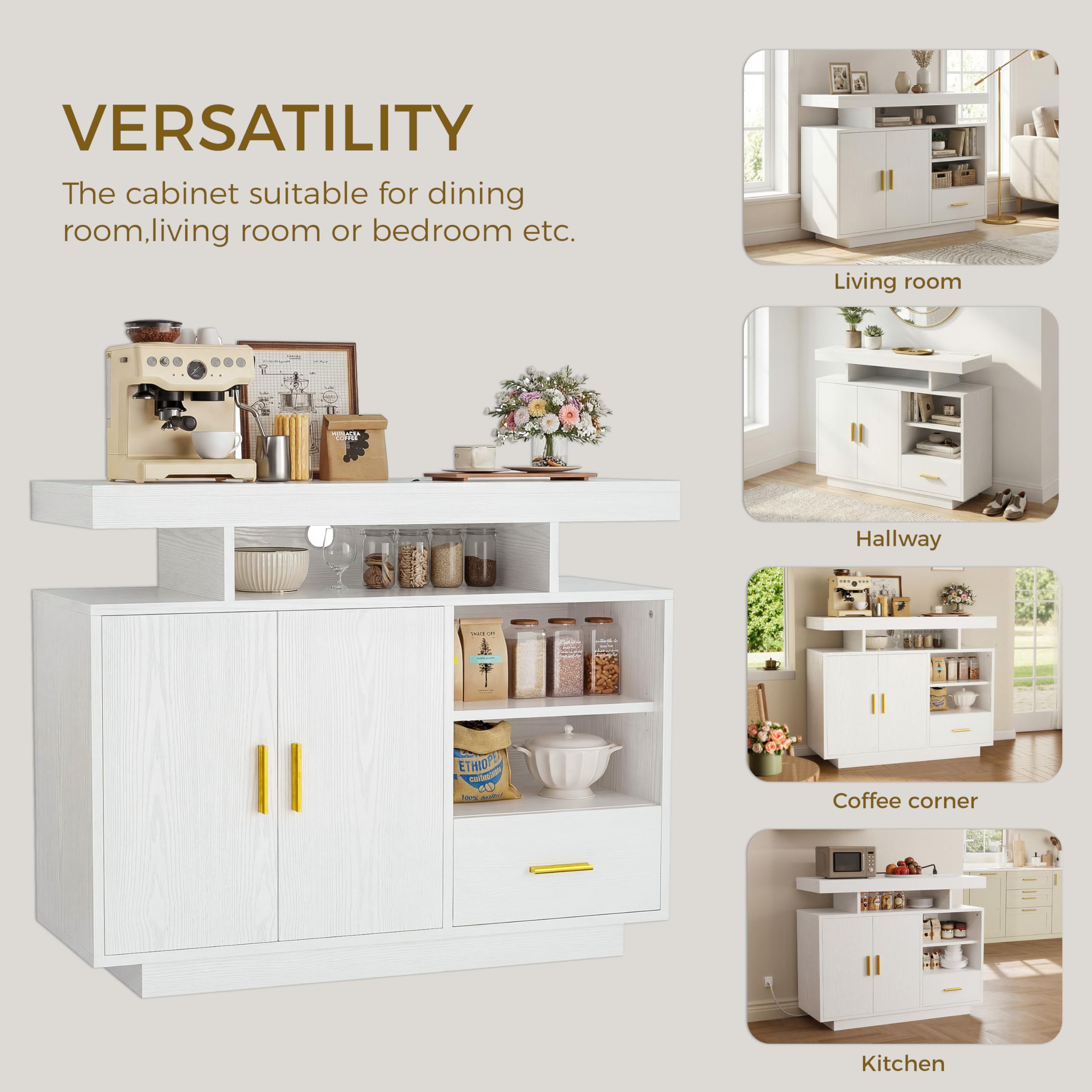 IRONCK Buffet Cabinet, Sideboard Cabinet with Power Outlet and LED Light, Modern Storage Cabinet with Drawer and Shelves, White