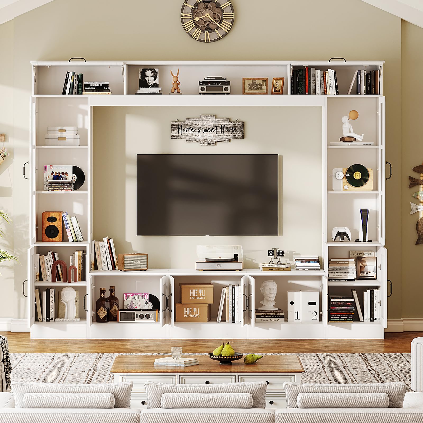 AMERLIFE 98" W Wall Unit TV Stand with Storage for TVs up to 80", Modern TV Console with LED Lights, Entertainment Center with Bookshelves for Living Room, White