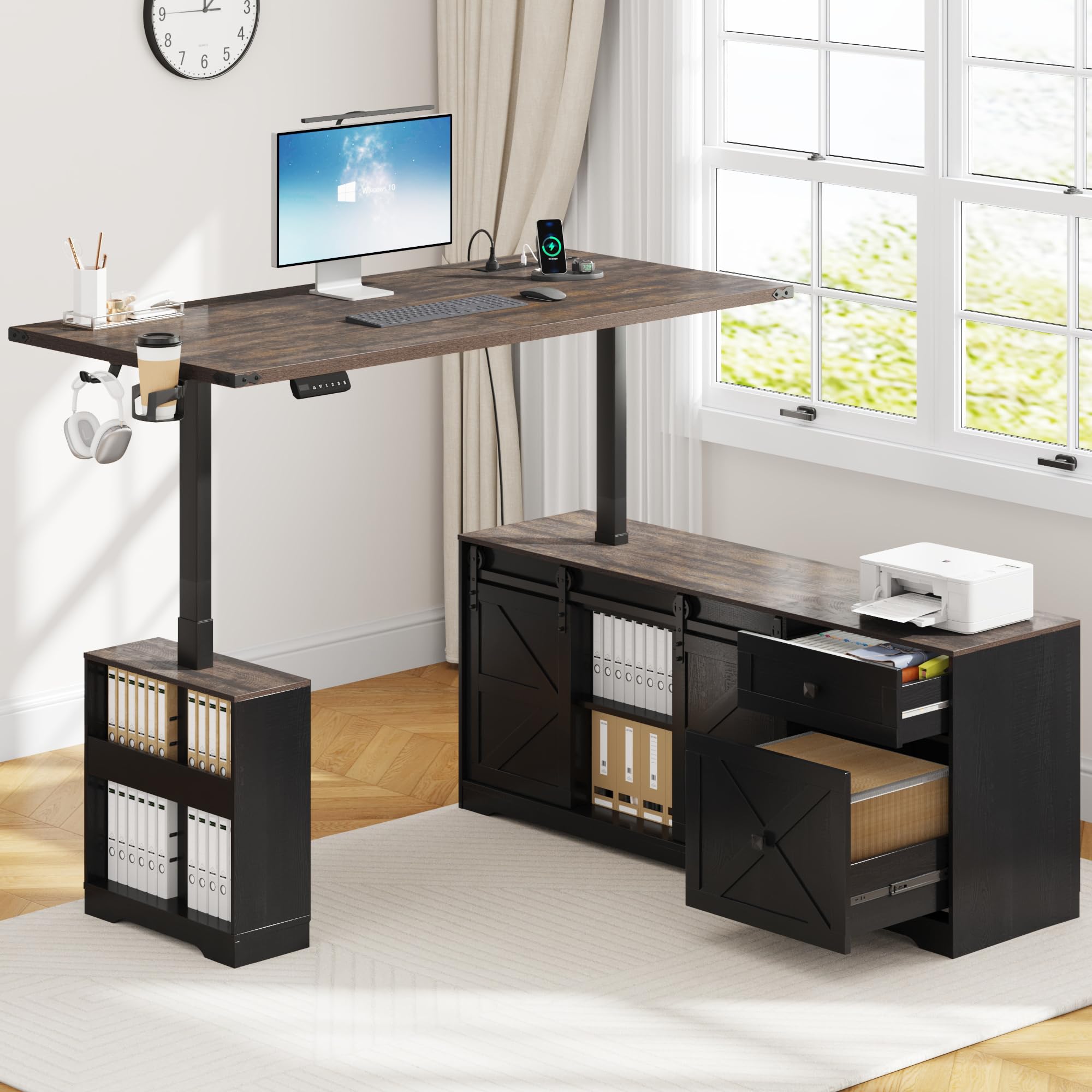 St.Mandyu 63" Farmhouse L Shaped Electric Standing Desk with Sliding Door Storage, Height Adjustable Sit Stand Corner Computer Desk with Power Outlets, Drawers & Cup Holder for Home Office, Black