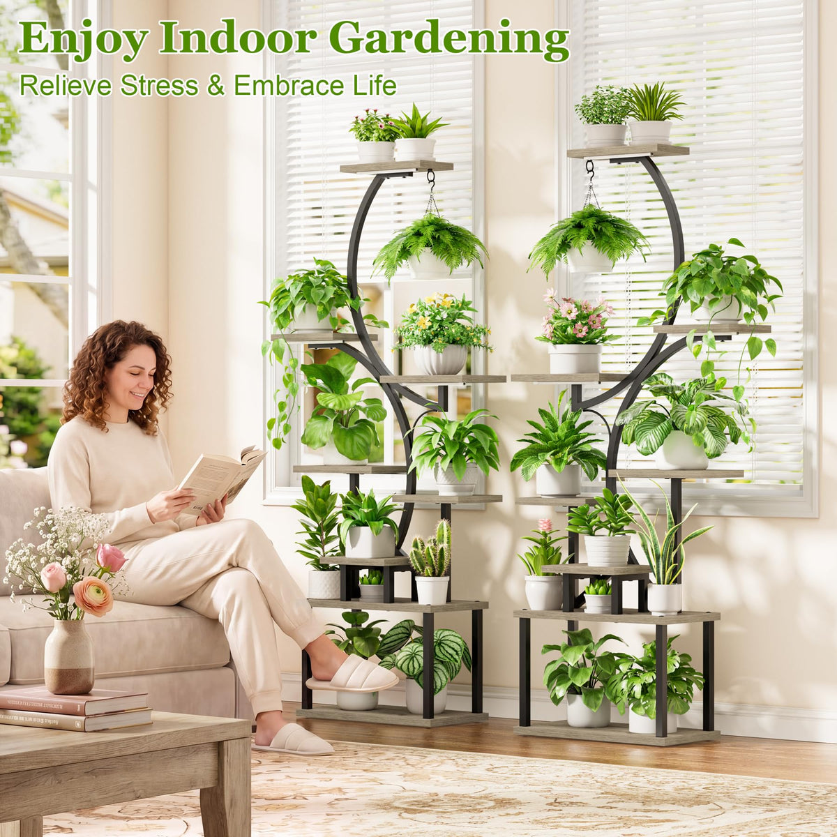 Plant Stand Indoor with Grow Light - 2 Pack Tall Large Lighted Plant Shelf