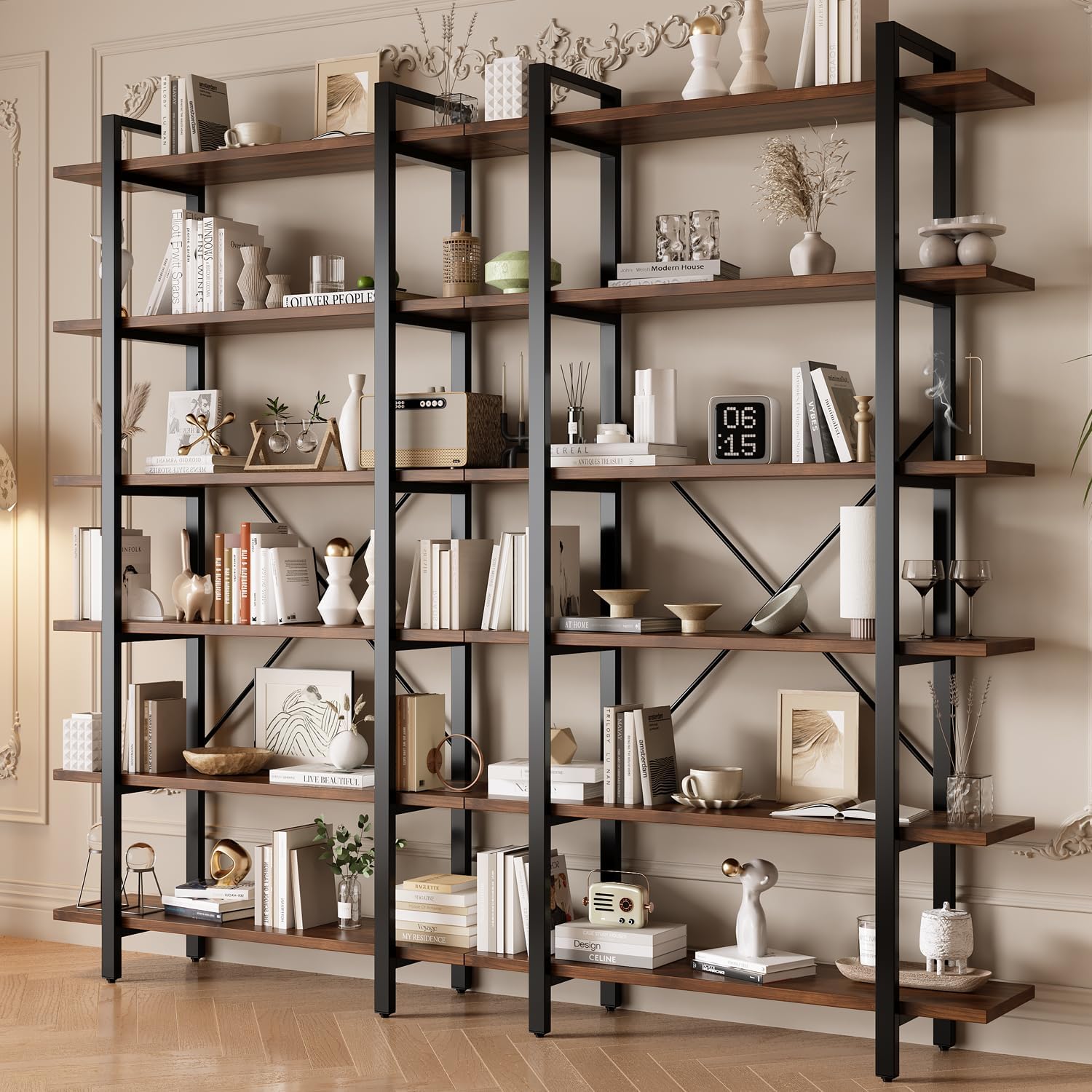 Industrial 6-Tier Bookshelf with Metal Frame