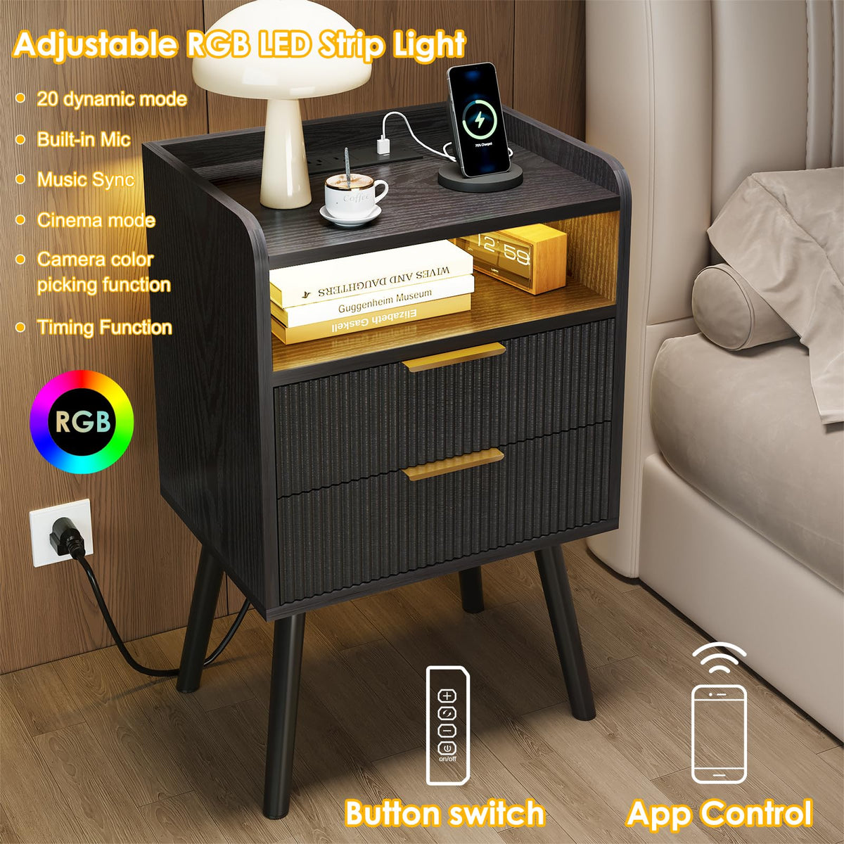Fixwal Black Nightstand with Charging Station, 2 Fluted Wood Drawers