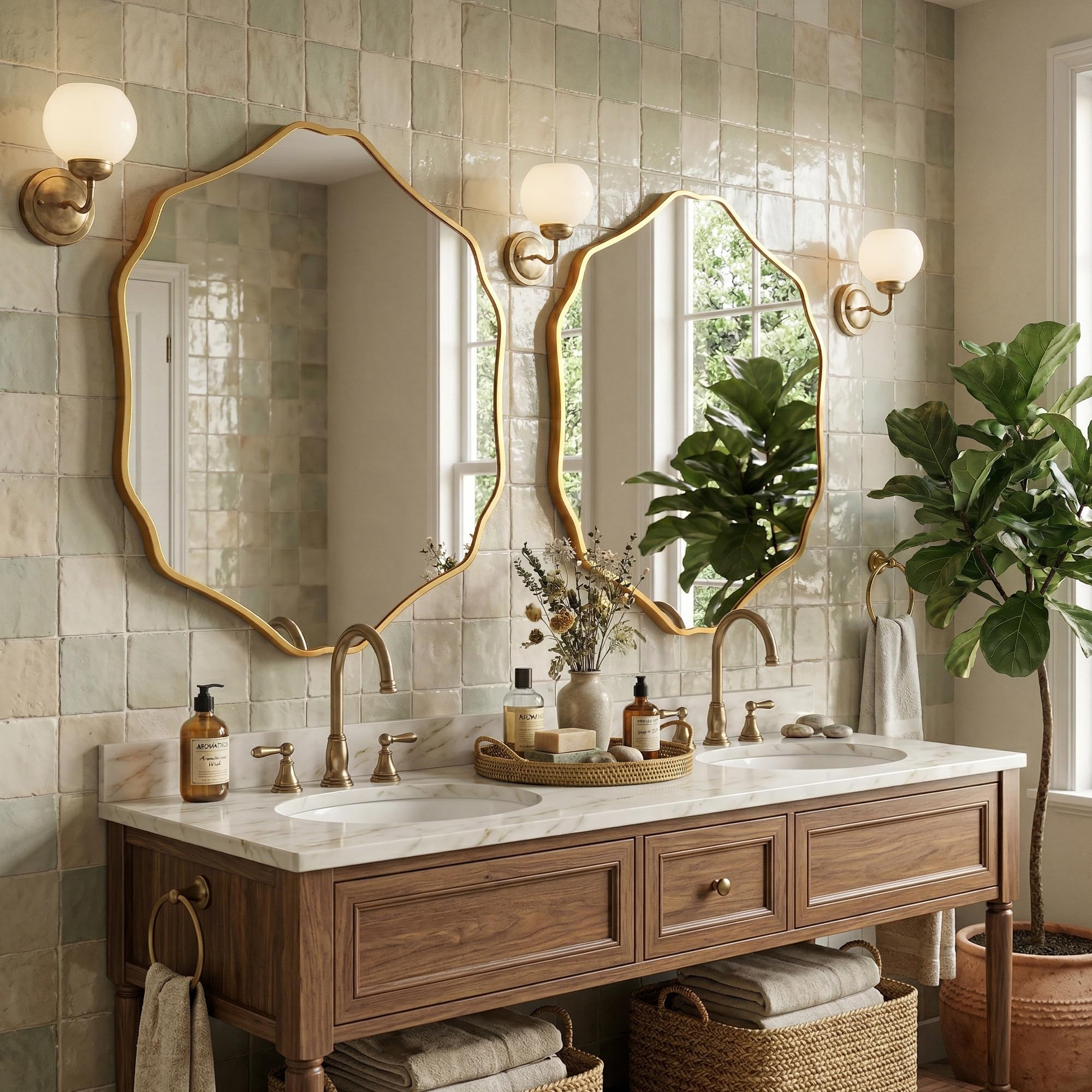 Hexagonal Wall Mirror with Wavy Edge & Brushed Gold Frame