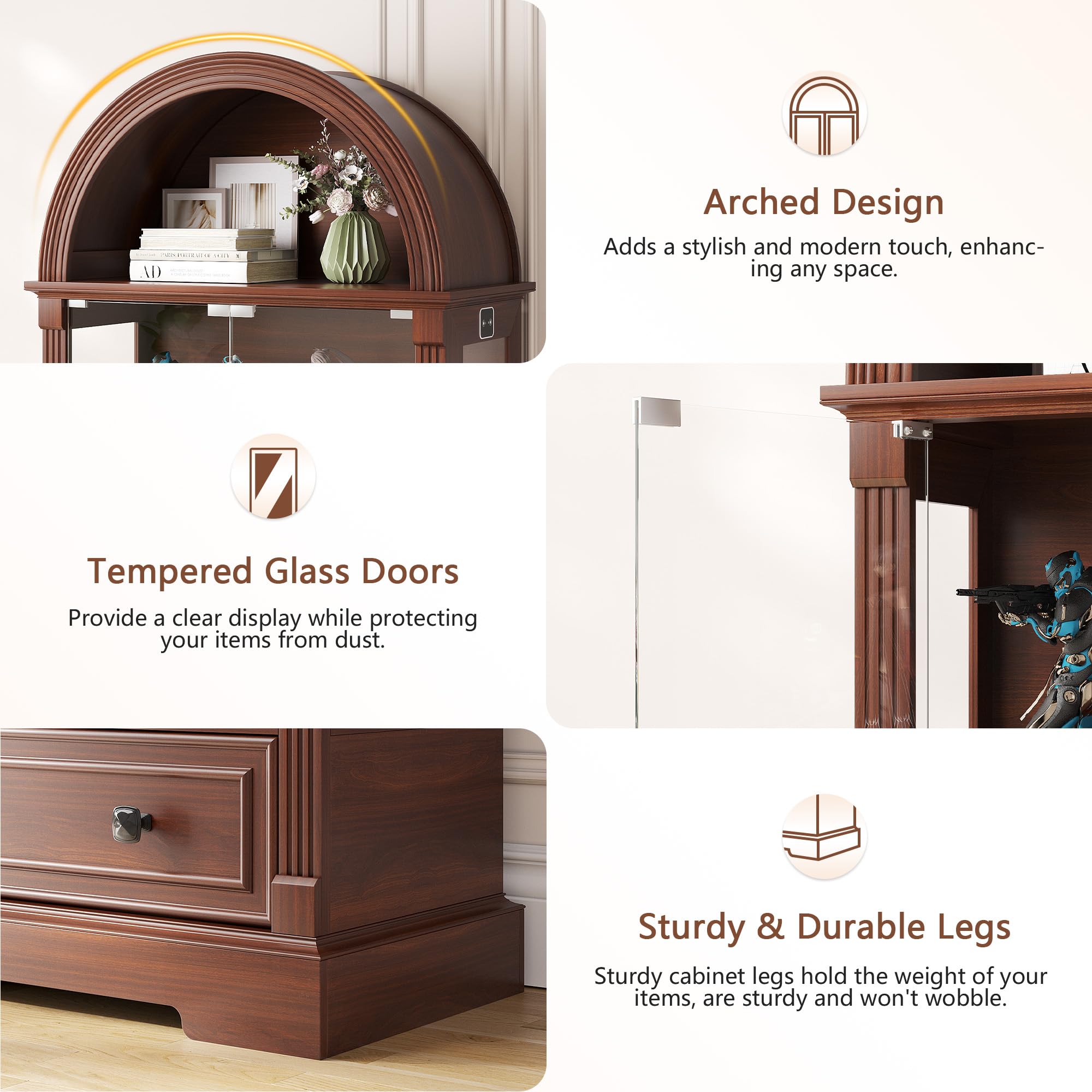 Arched Glass Display Cabinet with LED Sensor Lights, 4-Tier