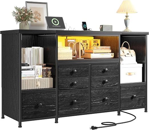 Dresser with 8 Fabric Drawers, Open Shelf, LED Lights & Charging Station