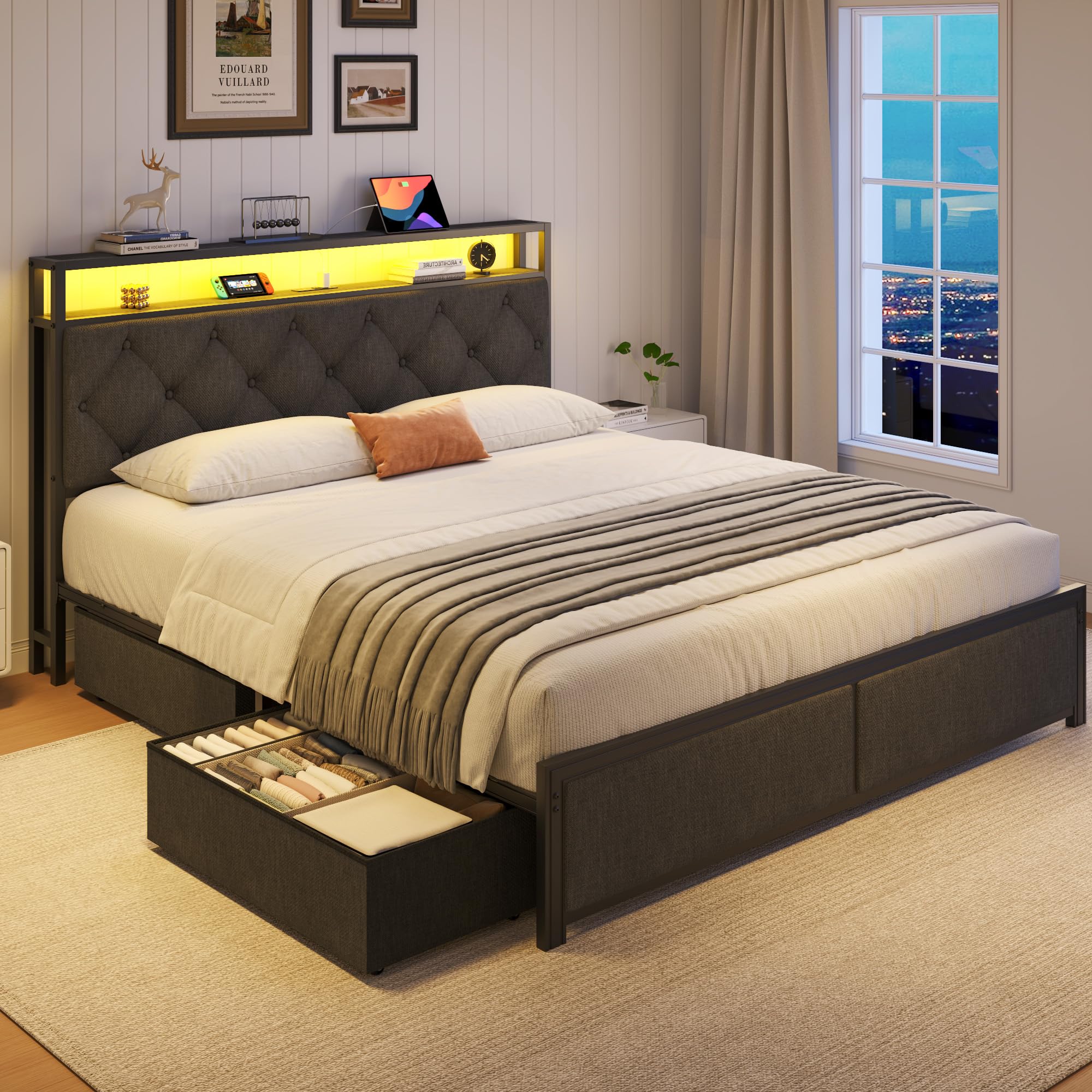 Queen Bed Frame with Storage, LED Lights & Charging Station