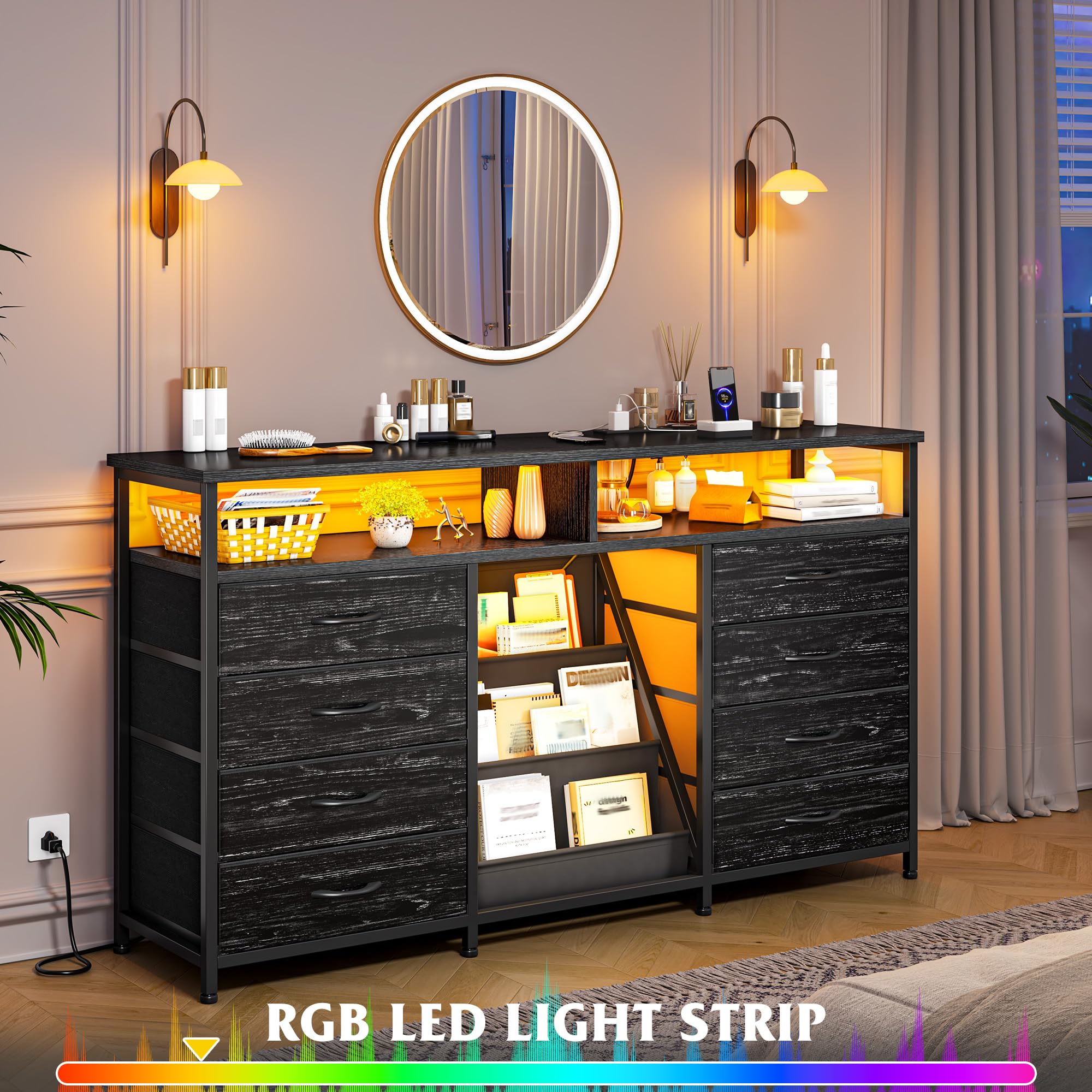 EnHomee 55 ” W Dresser for Bedroom with Bookrack & 8 Fabric Drawers, Dresser TV Stand with Power Outlet & LED Lights for 65 Inch TV, Chest of Drawers for Cabinet, Entryway, Charcoal Black