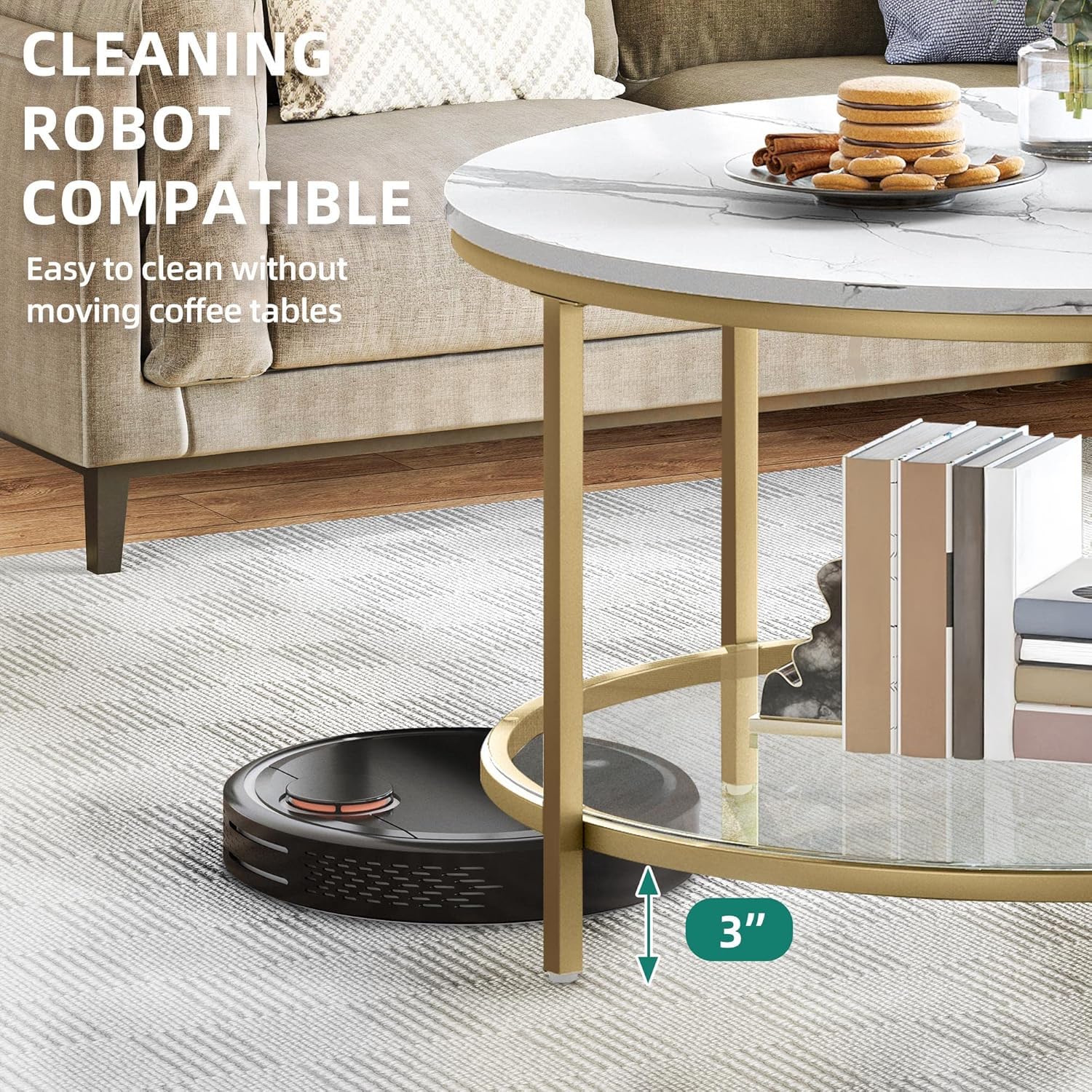 Round Marble Coffee Table with Glass Shelf