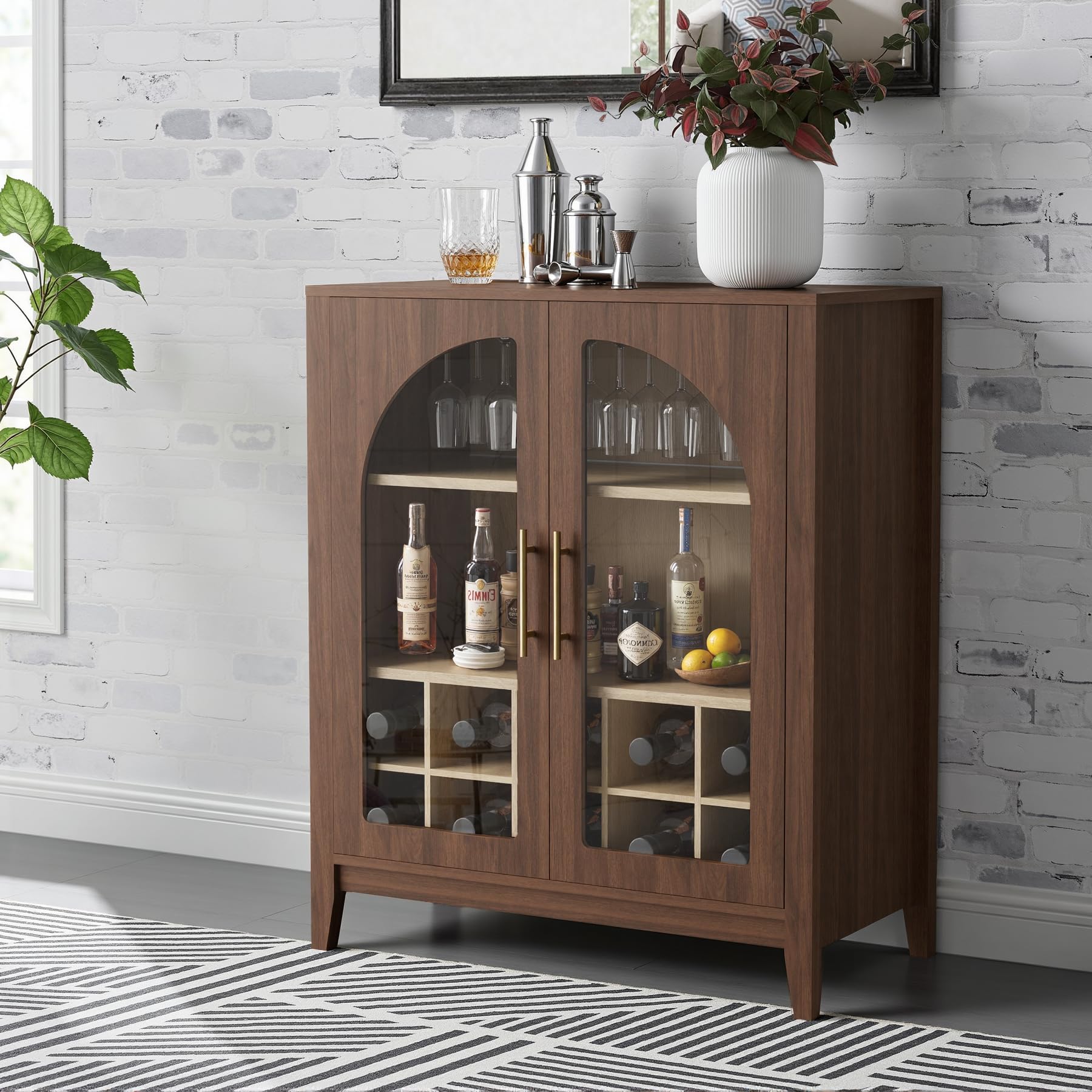 Mid-Century Modern Wine Bar Cabinet with Glass Doors