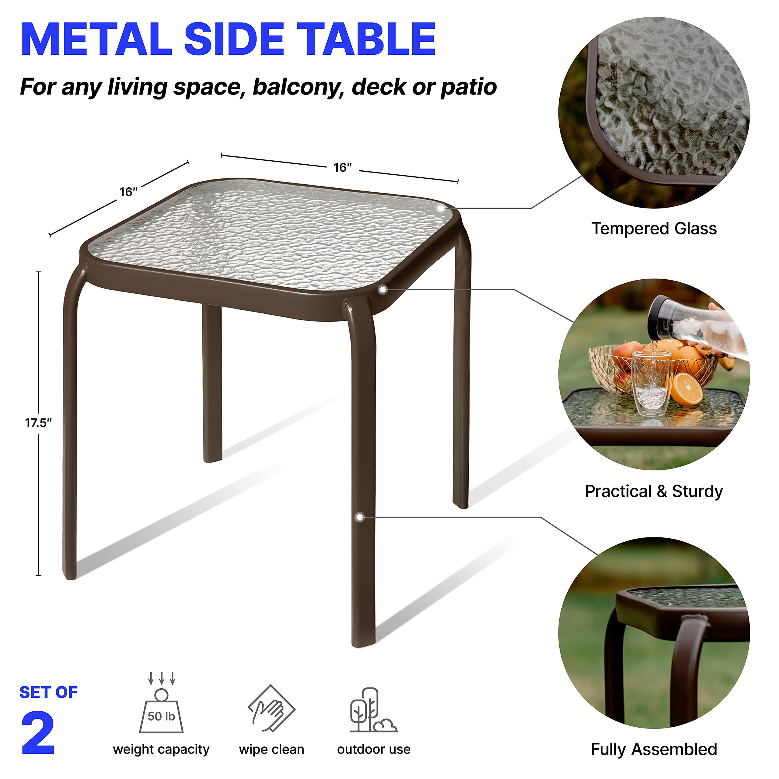 Bronze Metal Outdoor Side Table with Tempered Glass Top