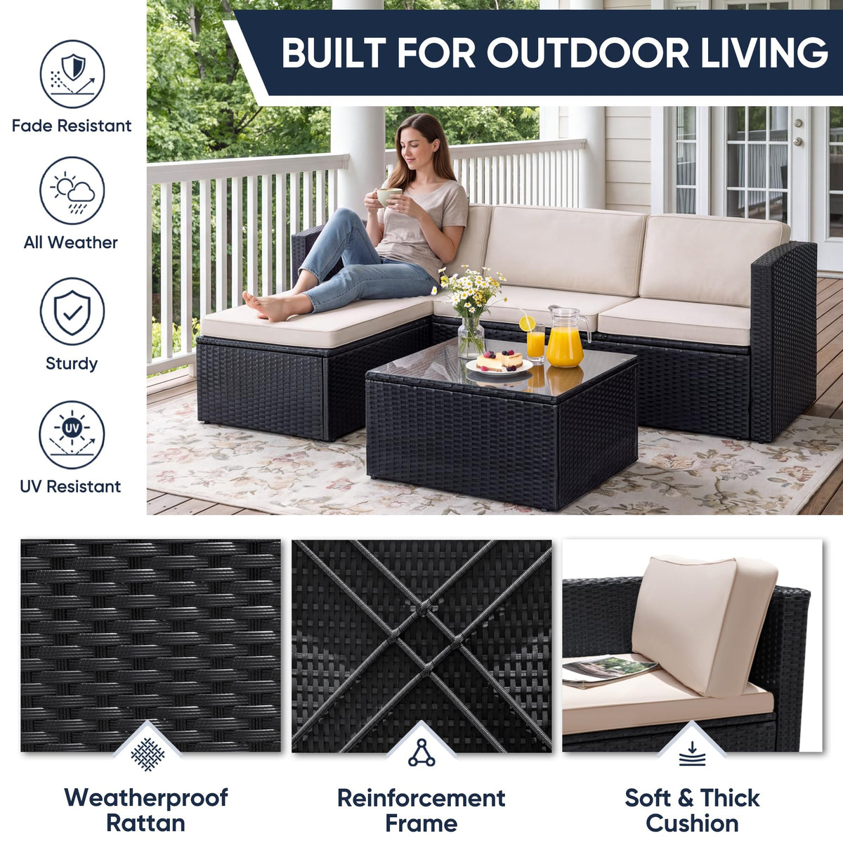 Greesum 3 Piece Patio Furniture Set Outdoor Wicker Rattan Sectional Sofa with Adjustable Seat, Soft Cushions & Coffee Table for Yard, Garden, Porch, Poolside, Beige