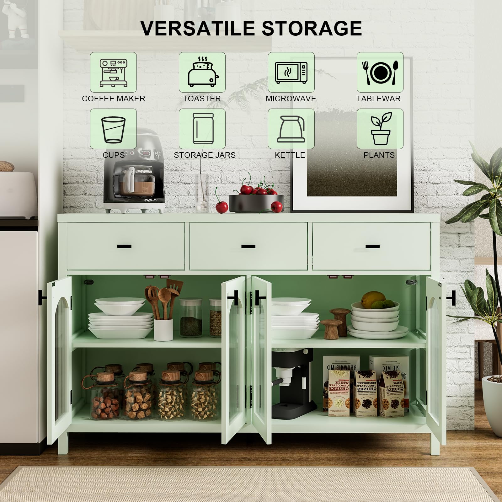Chyanmoo 54.4" Sideboard Buffet Cabinet with Storage, Farmhouse Credenza with 3 Drawers & 4 Arched Fluted Glass Doors, Kitchen Coffee Bar for Dining Room, Living Room (Green)
