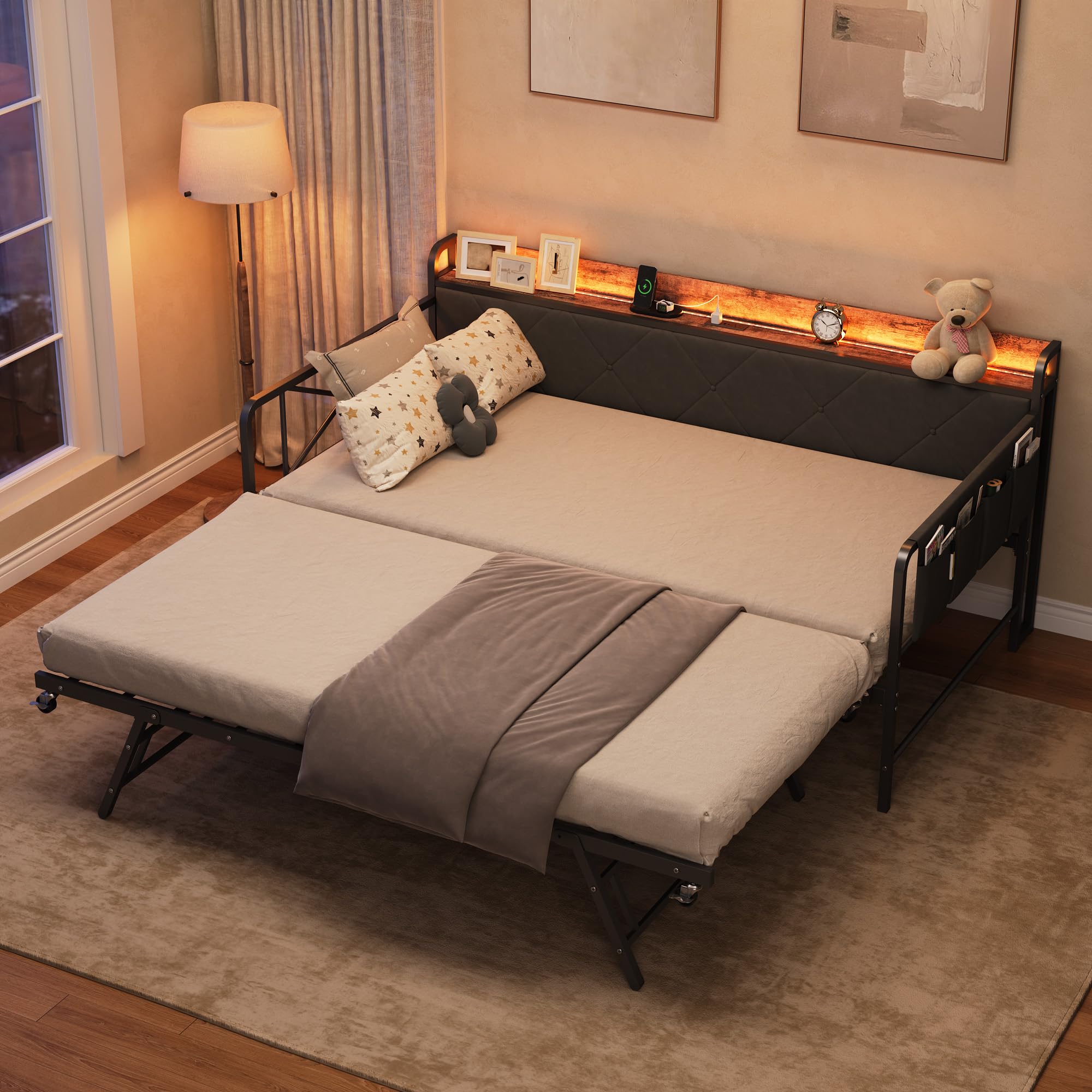 GarveeHome Daybed with Trundle and LED Light, Twin Size Bed Frame with Upholstered Headboard and Charging Station, Metal Frame Sofa Day Bed for Living Room, Bedroom and Guest Room, Black