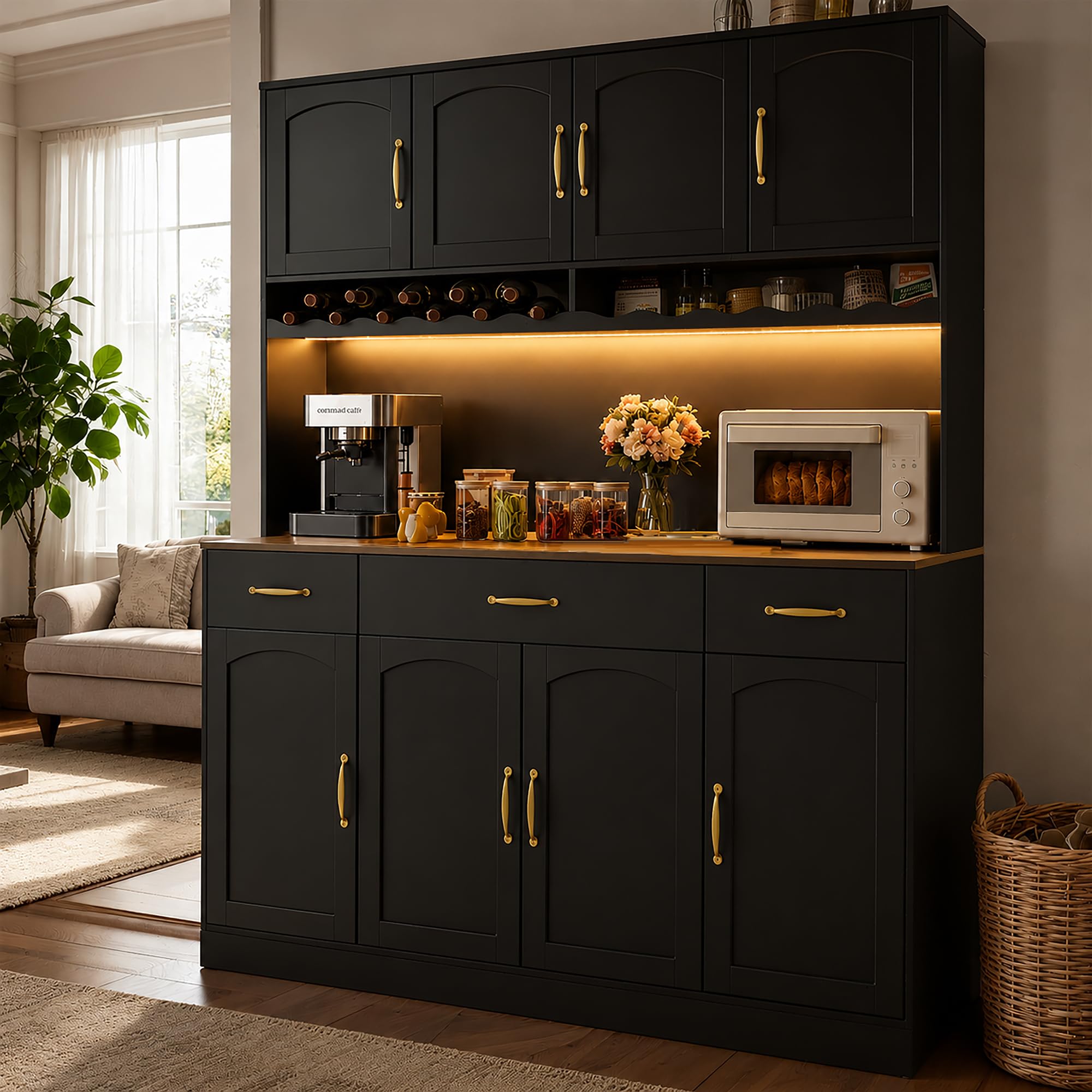 AXCIGOC 72" Tall Kitchen Pantry Cabinet with Charging Station 55" Wide Kitchen Hutch Cabinet with LED Light and Countertop Large Kitchen Cabinet with Adjustable Shelves and Wine Rack Black