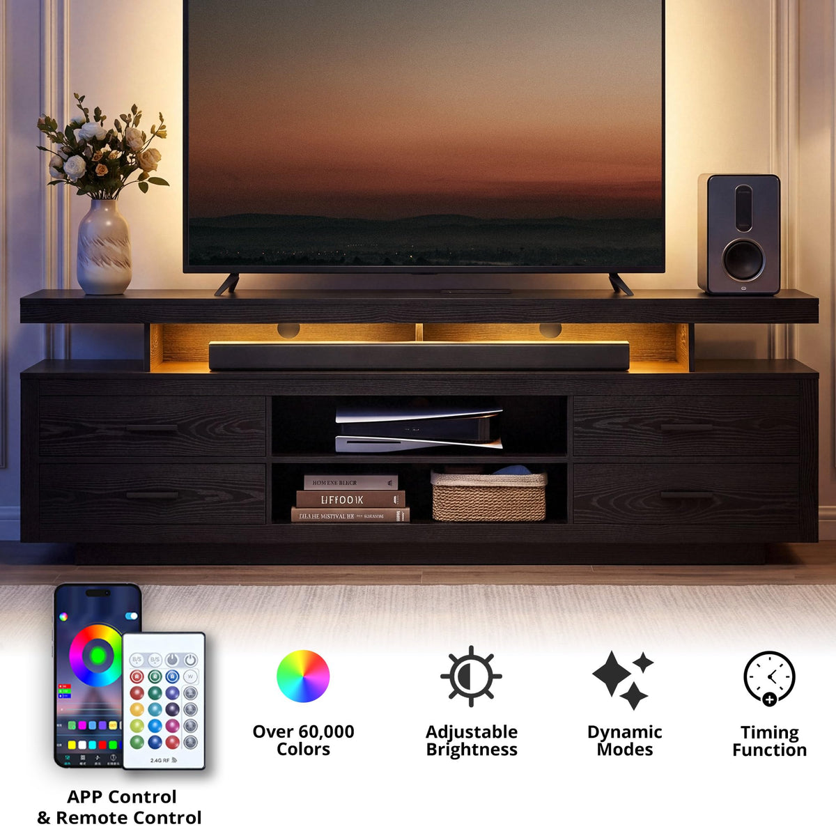 IRONCK 70" TV Stand for TVs up to 80", LED Entertainment Center, Black