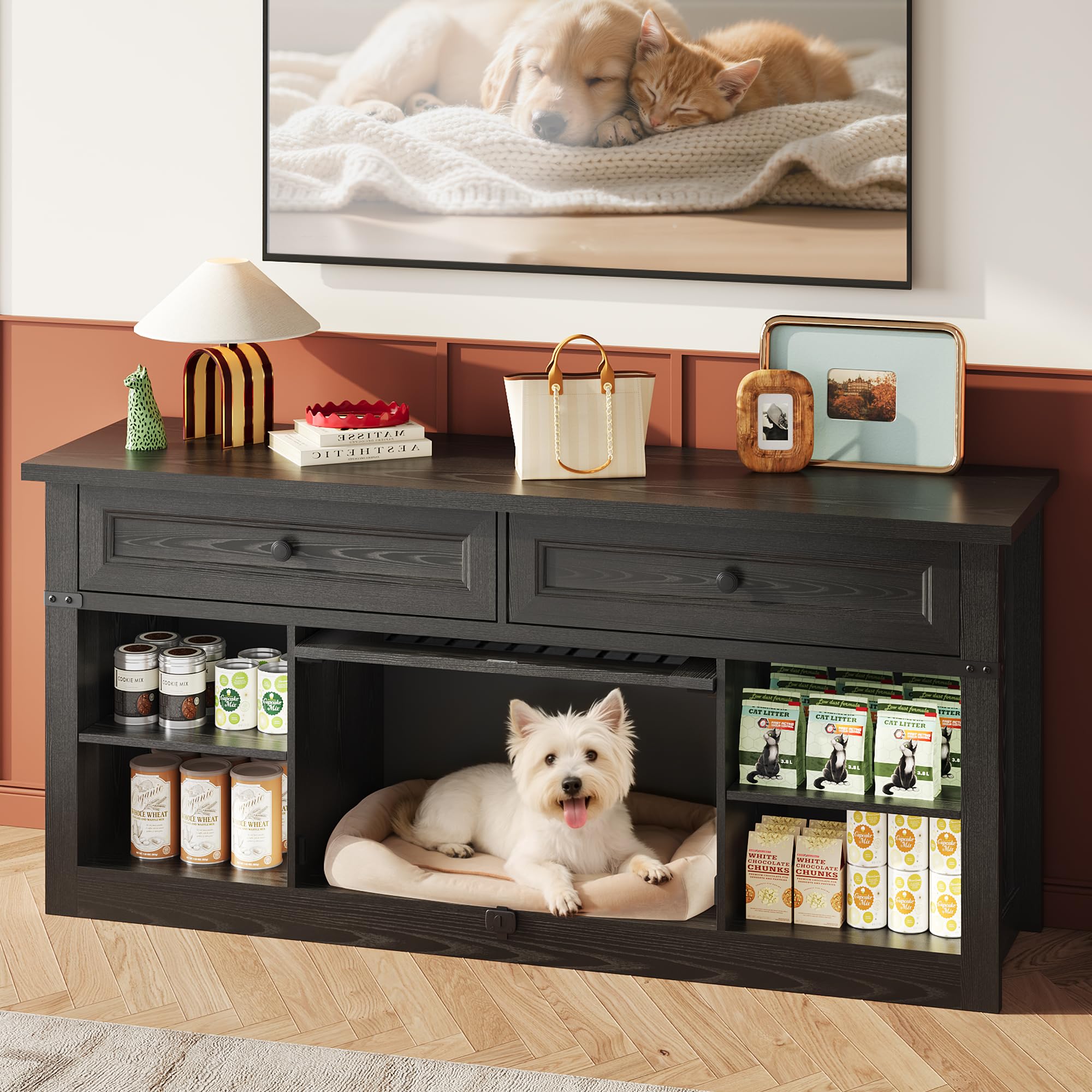 TV Stand with Pet Crate & Storage Drawers