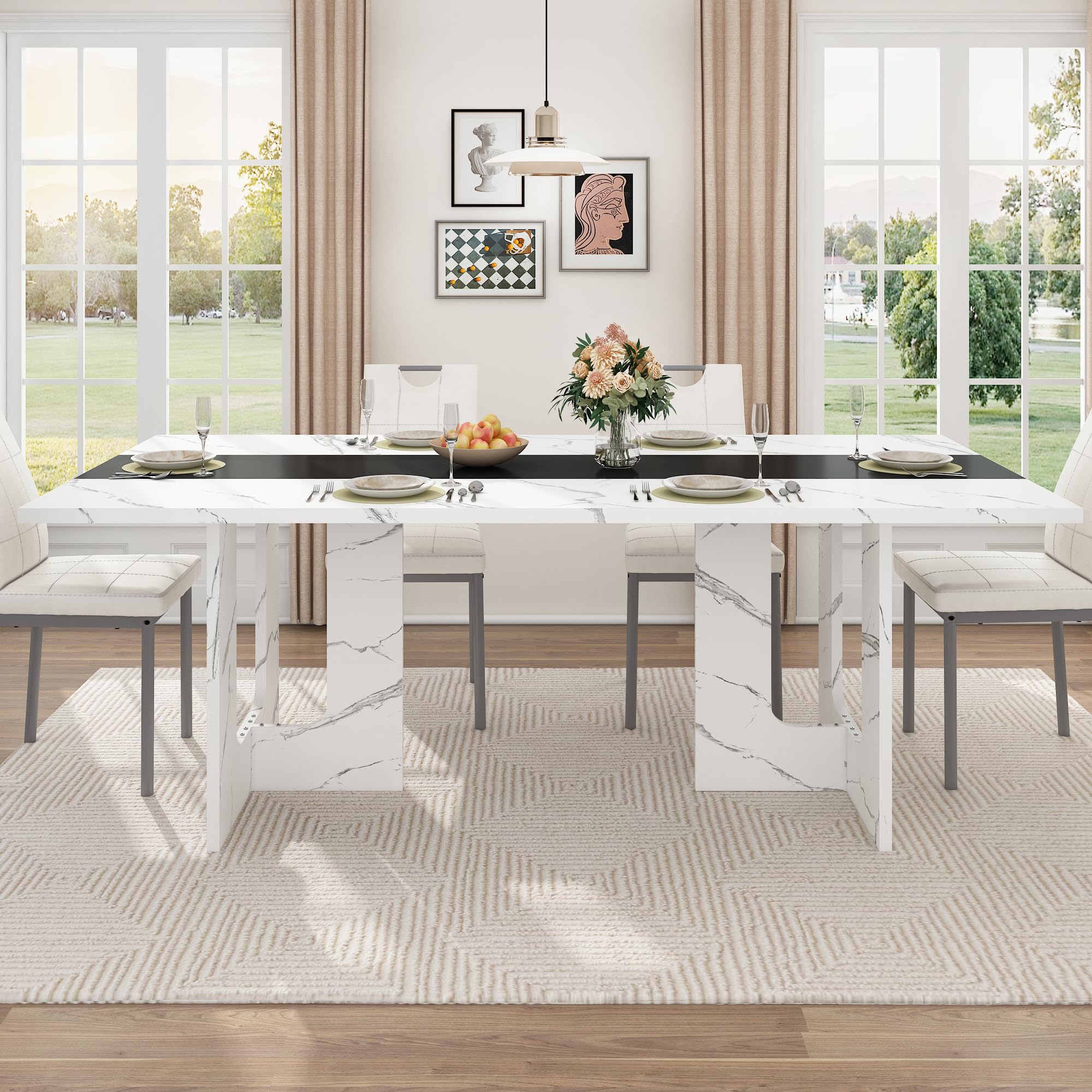 71-Inch Marble-Top Dining Table with U-Shape Base