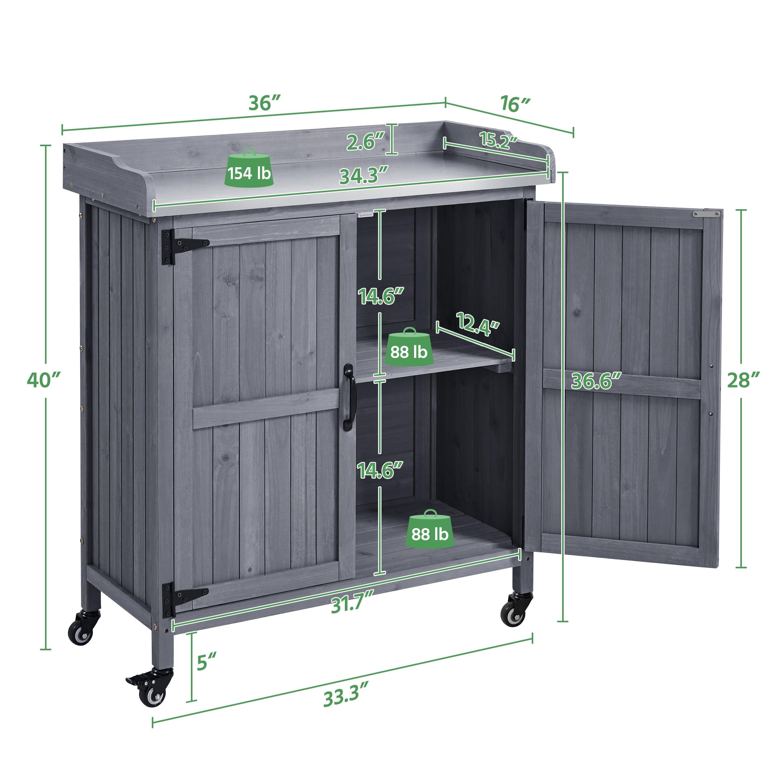 Rolling Garden Potting Bench with Metal Top & Storage