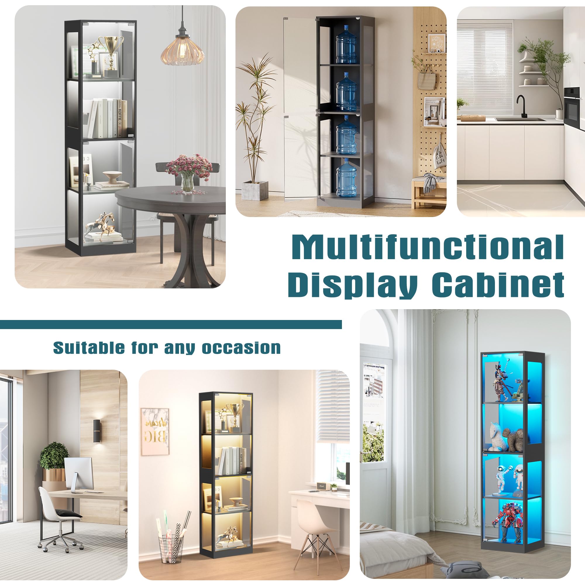 4-Tier Glass Display Cabinet with RGB LED Lights, Pop-Up Doors & Anti-Tip Device