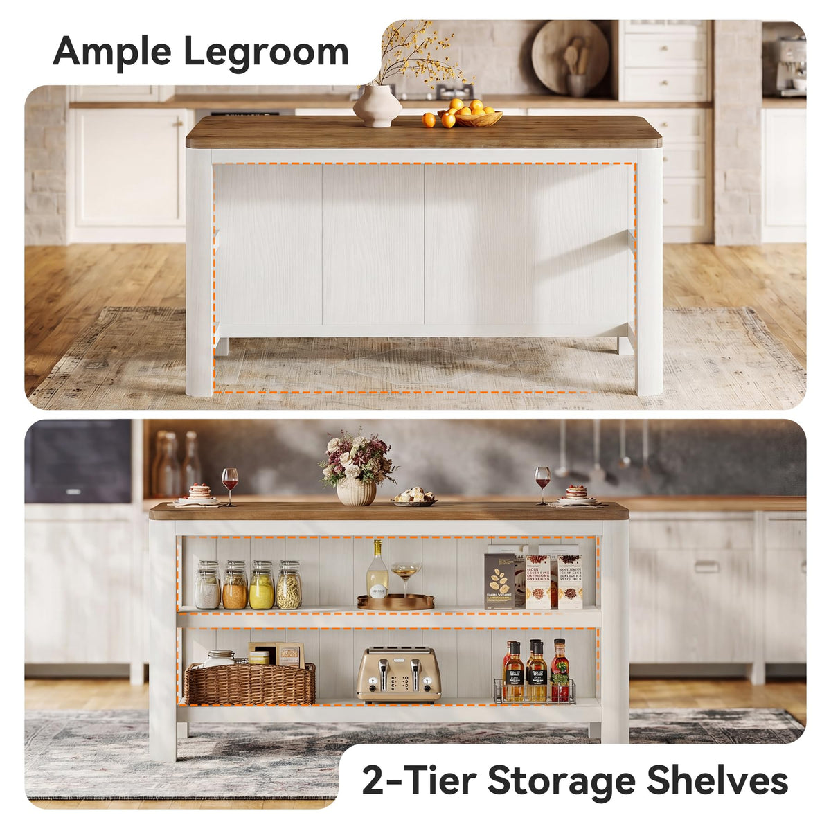 Solid Wood Kitchen Island with Shelves