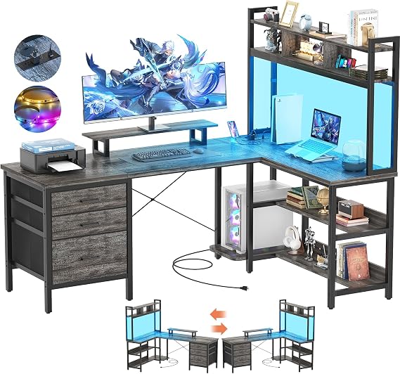 L-Shaped LED Desk with Hutch