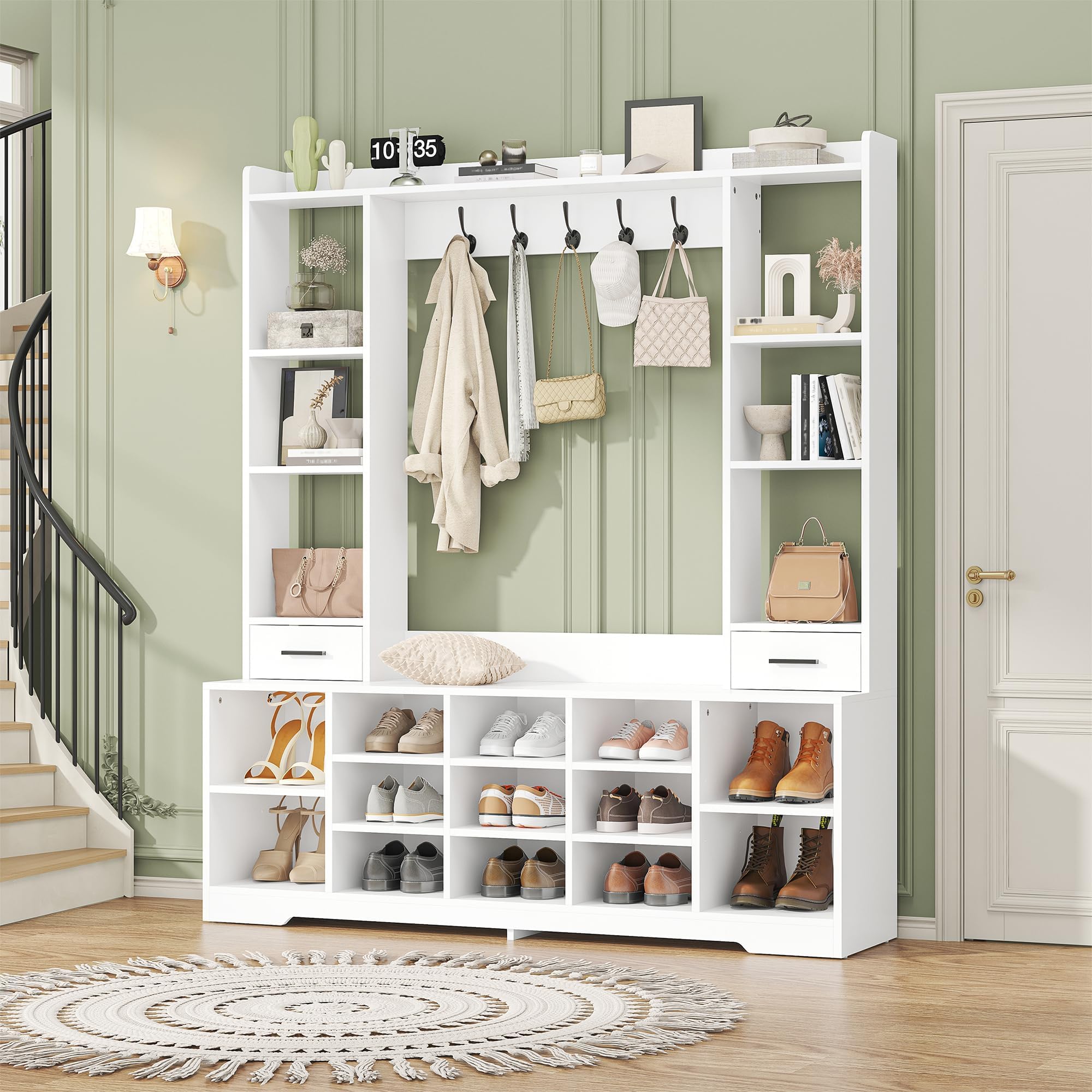 Farmhouse Hall Tree with Shoe Storage & Coat Rack