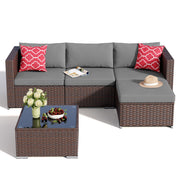 5-Piece Outdoor Wicker Sectional Set with Cushions & Glass Table
