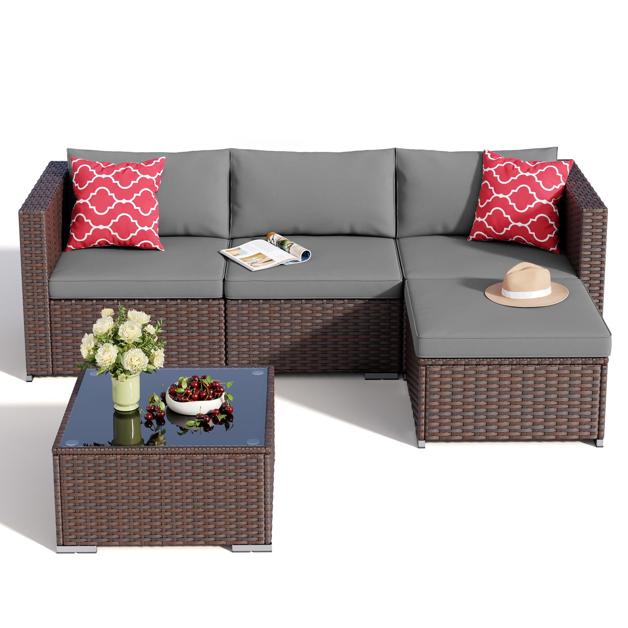 5-Piece Outdoor Wicker Sectional Set with Cushions & Glass Table
