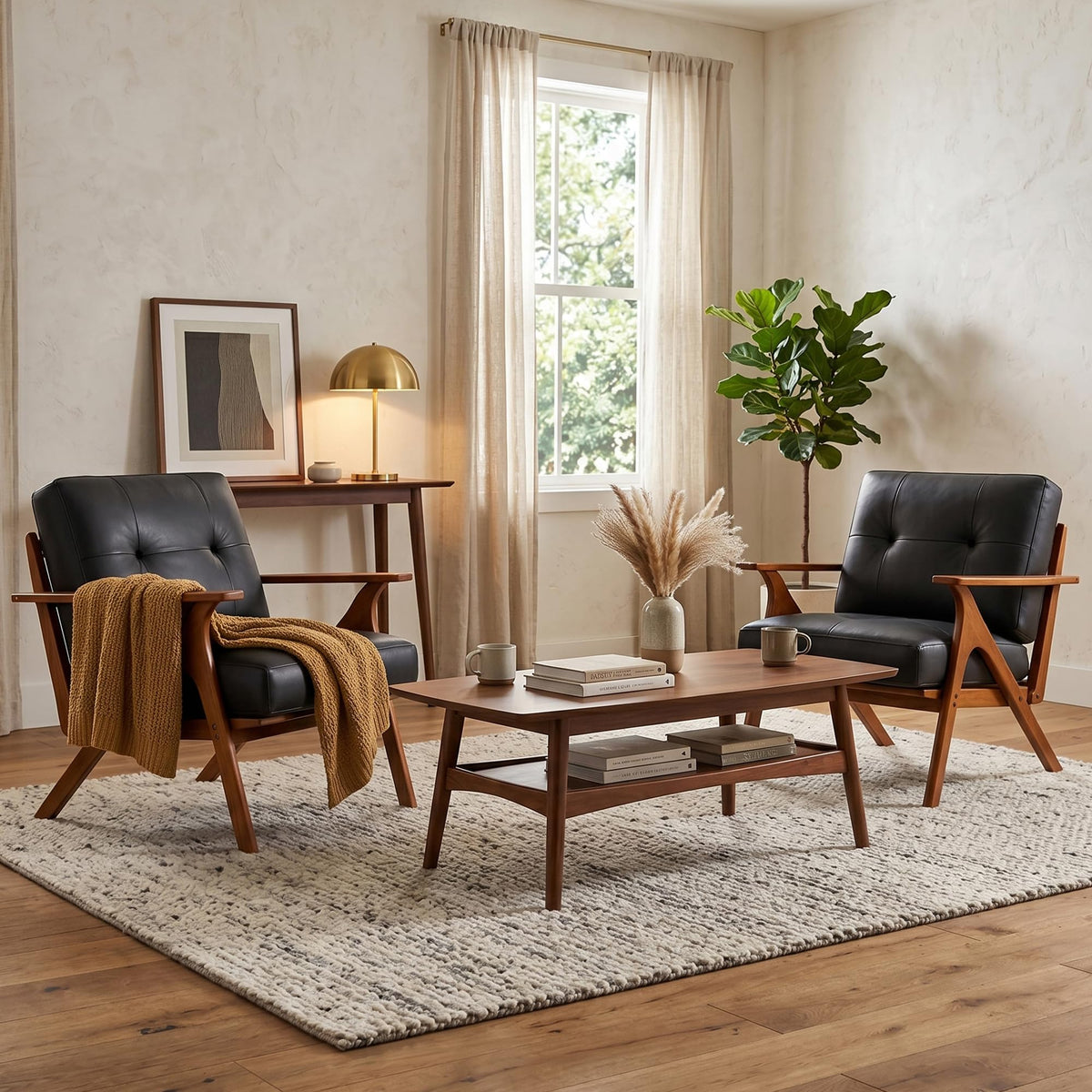 Black Leather Mid Century Curved Arm Chairs Set of 2 with Solid Wood Frame