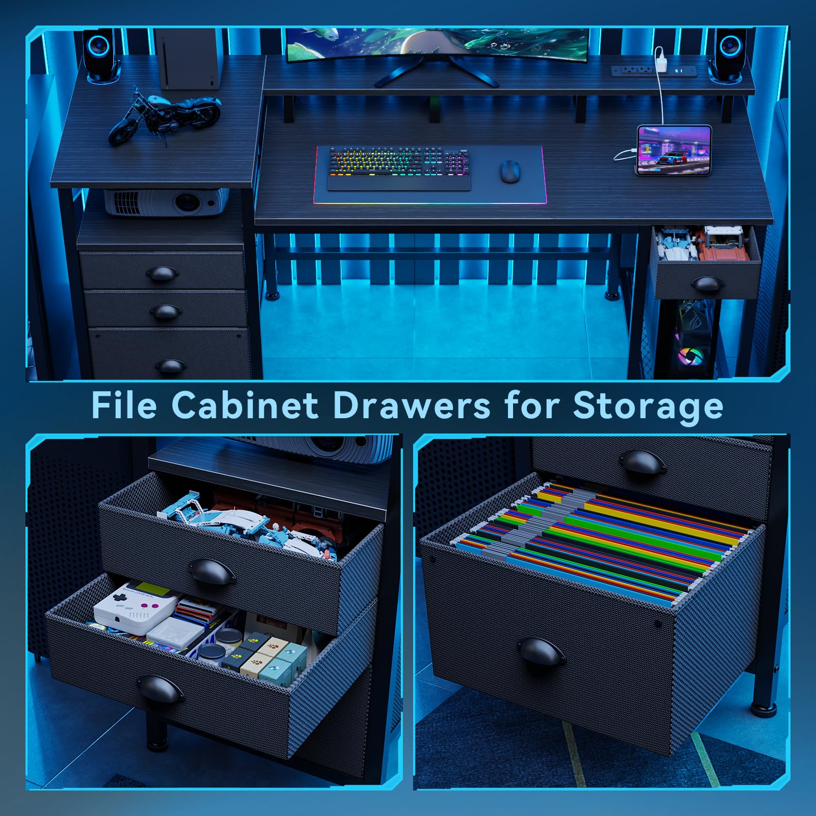Furologee 60" Black Computer Desk with 4 Drawers and Printer Space, Gaming Desk with LED Lights and USB Power Outlets, Home Office Desk with Fabric File Cabinet,Study Work Table with Shelf for Bedroom