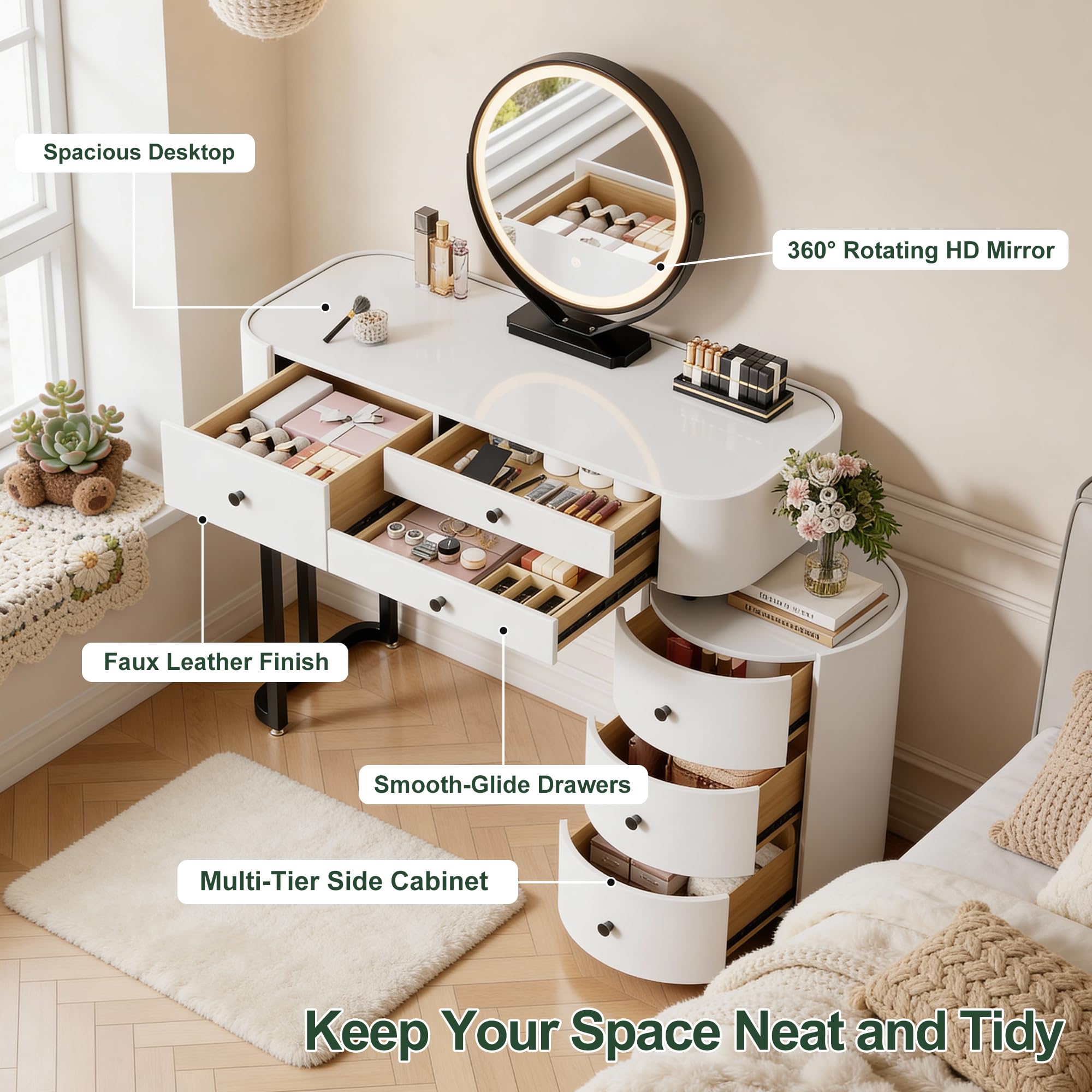 KDCAS Modern Vanity Desk with Mirror and Lights | Faux Leather Makeup Vanity with 5 Drawers | Round Reversible Side Cabinet for Small Spaces 38.38-46.45 in (White)