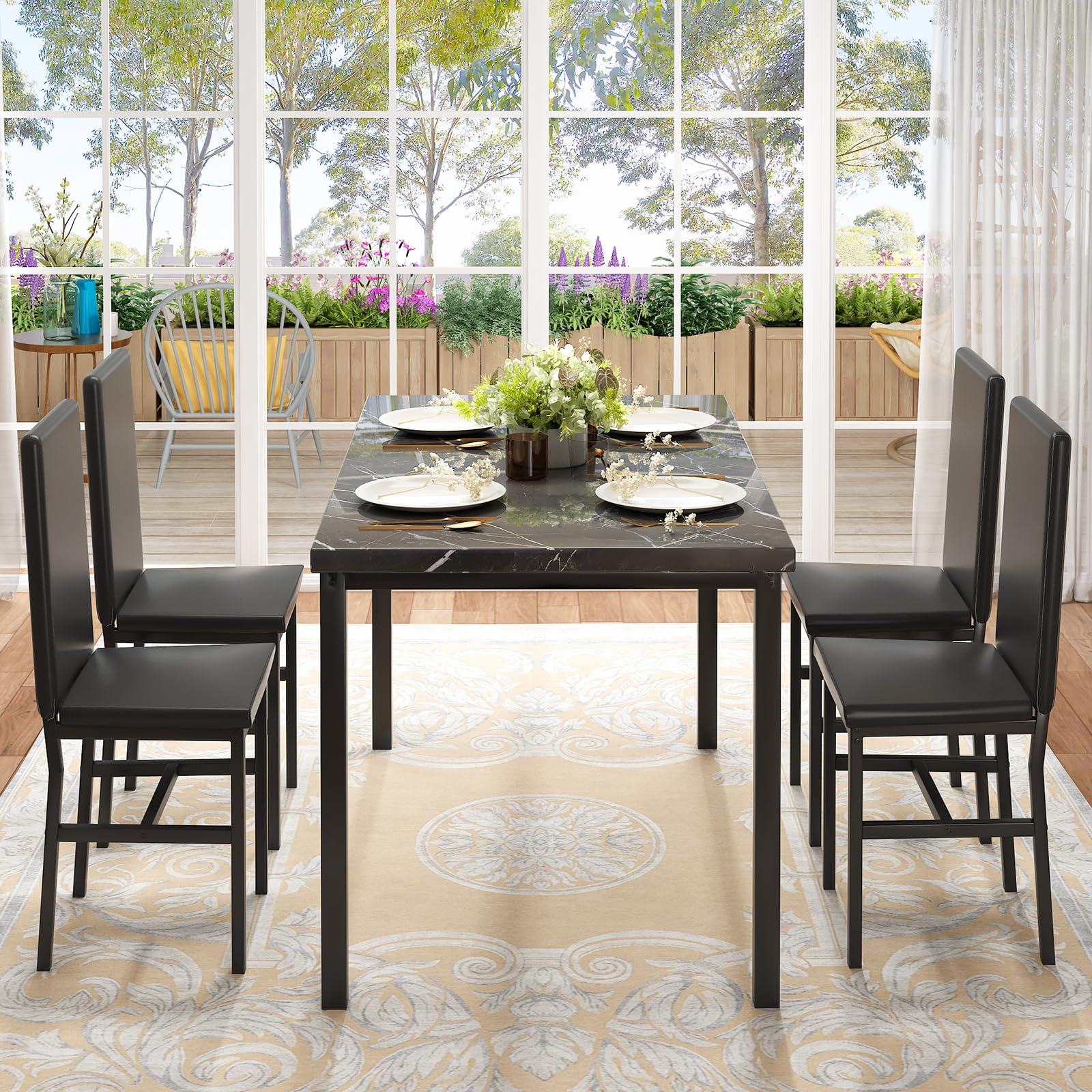 5-Piece Faux Marble Dining Table Set with PU Leather Chairs