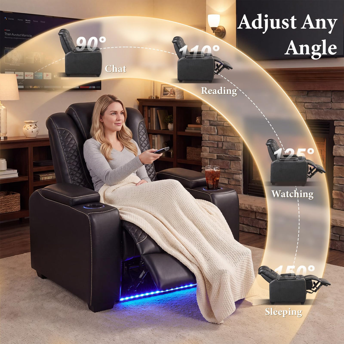 EBELLO Power Home Theater Seating, Electric Gaming Recliner Chair with Adjustable Headrest, Faux Leather Movie Reclining Chairs with Cup Holders LED Lights,USB Port,Hidden Arm Storage, Black