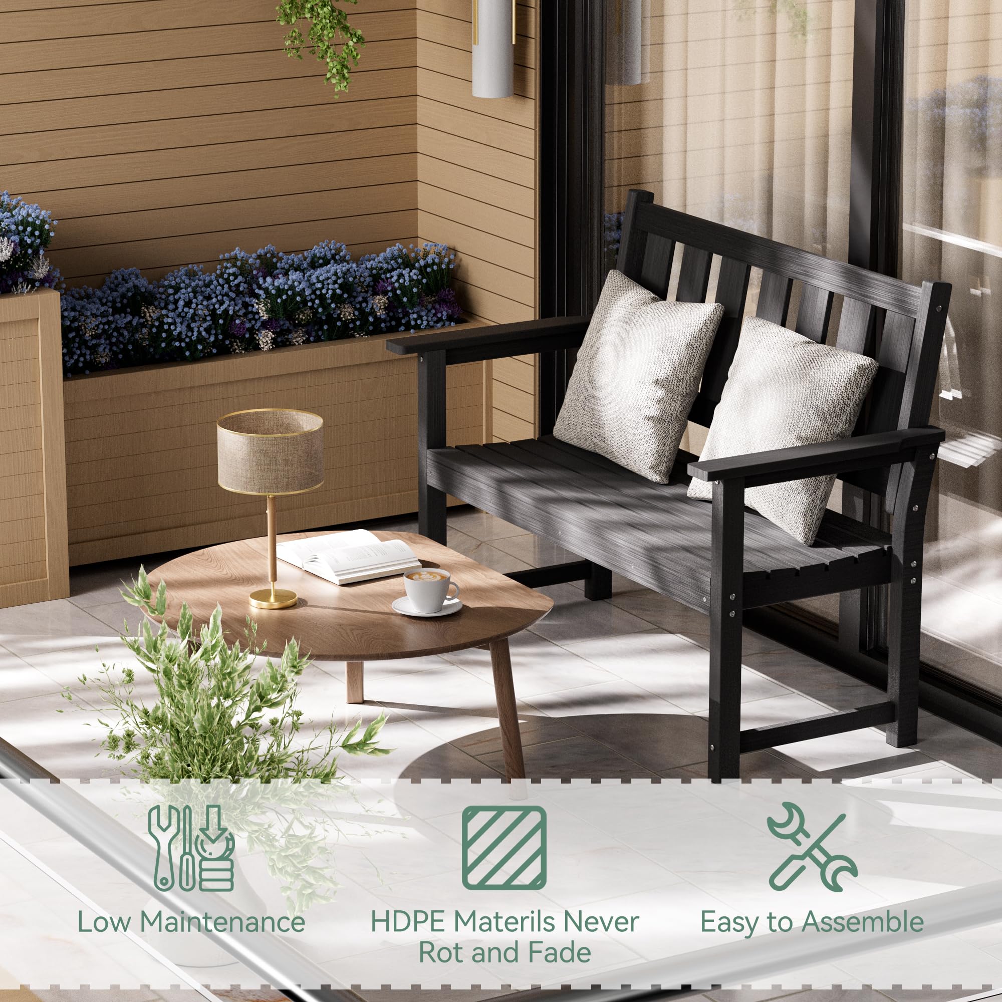 ACUEL 50" Poly Lumber Outdoor Bench, 2-Person HDPE Weatherproof Patio Garden Bench with 800 lbs Weight Capacity, Multi-Purpose Design Ideal for Porch, Backyard, Lawn, Park, Balcony and School (Black)