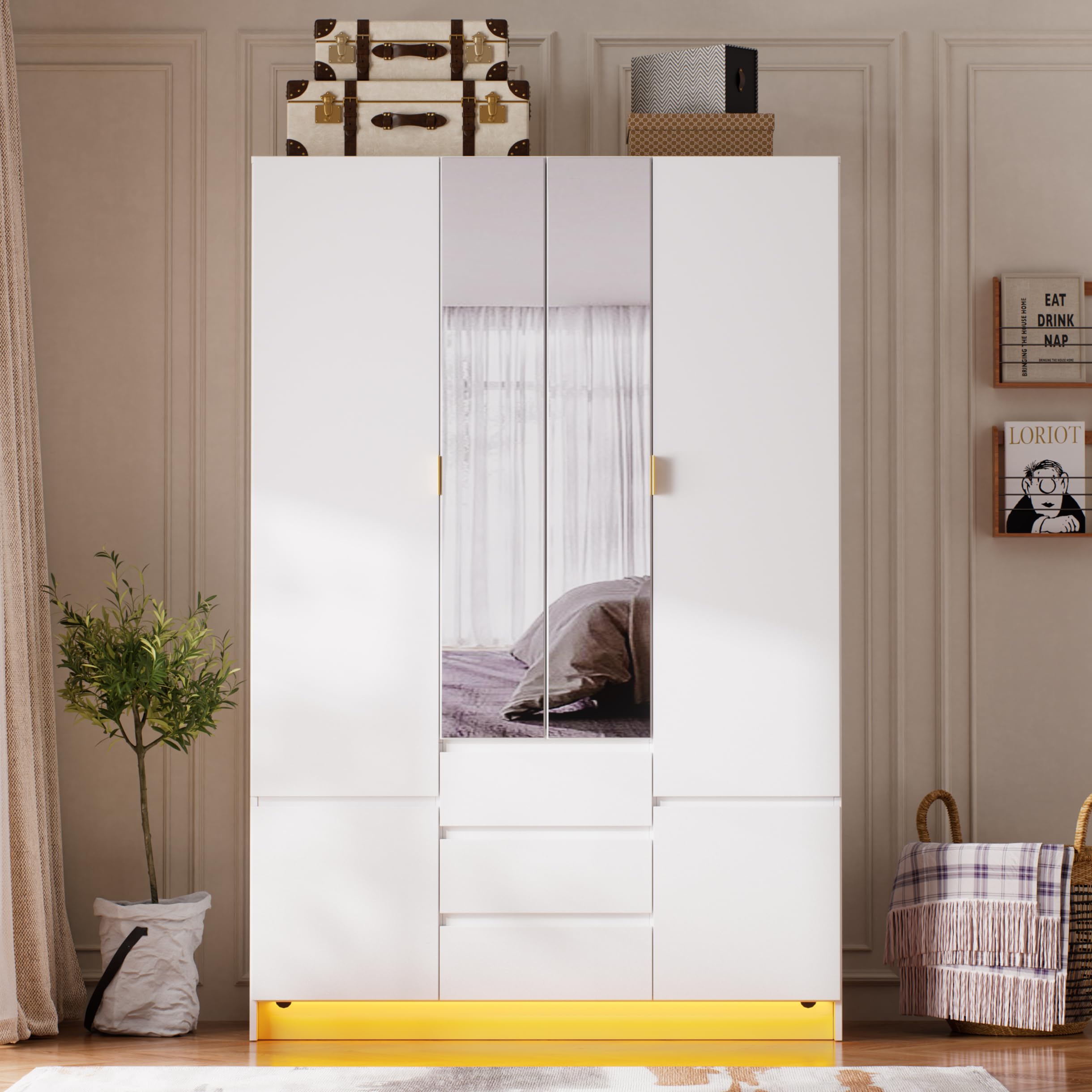 4-Door Wardrobe with LED Light & Mirror