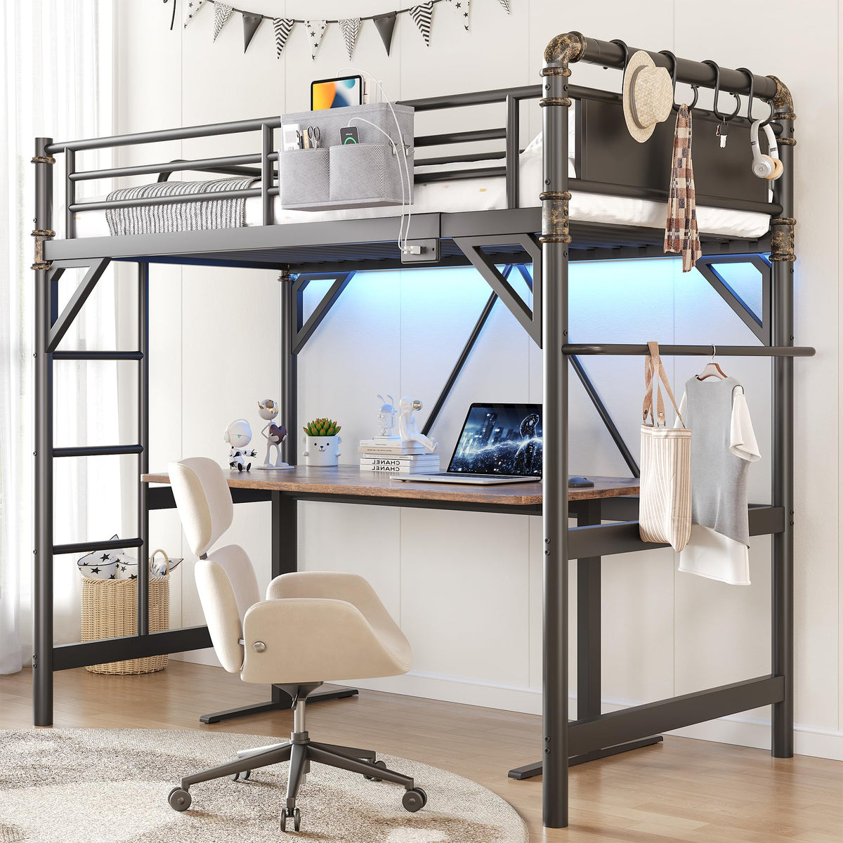 Twin Metal Loft Bed with LED Lights & Charging