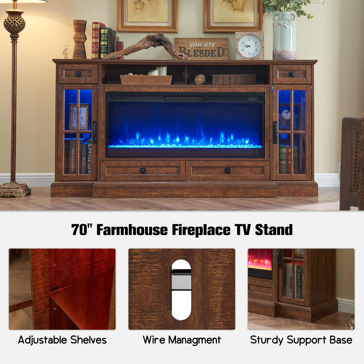 RedLemon Farmhouse Fireplace TV Stand for 80 Inch TV, Reclaimed Barnwood