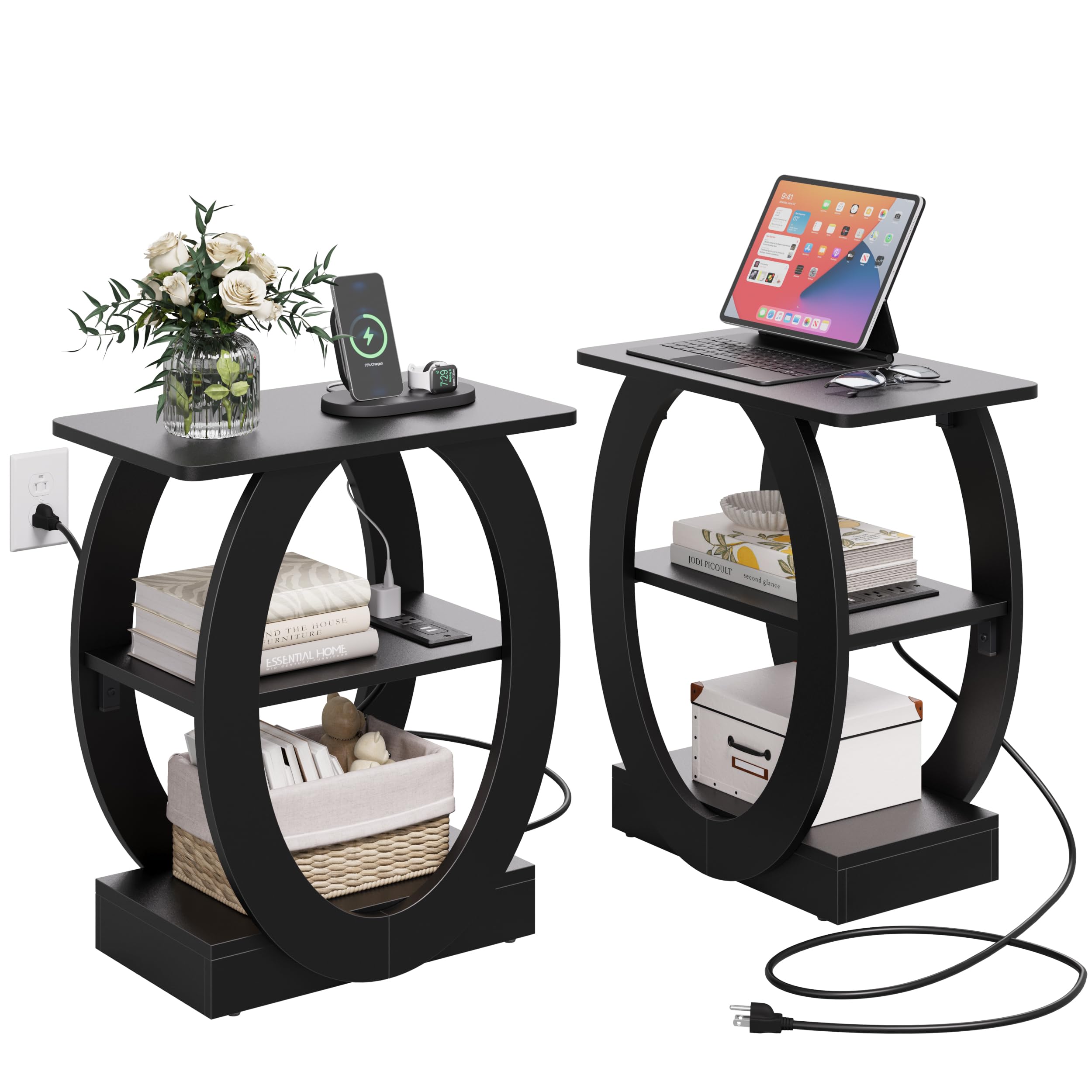 End Table Set of 2 with Charging Station, Black Side Table with USB Ports and Outlets for Living Room, Wood Nightstand with Large Storage Shelf for Bedroom Sofa Couch, Bedside Table Night Stands