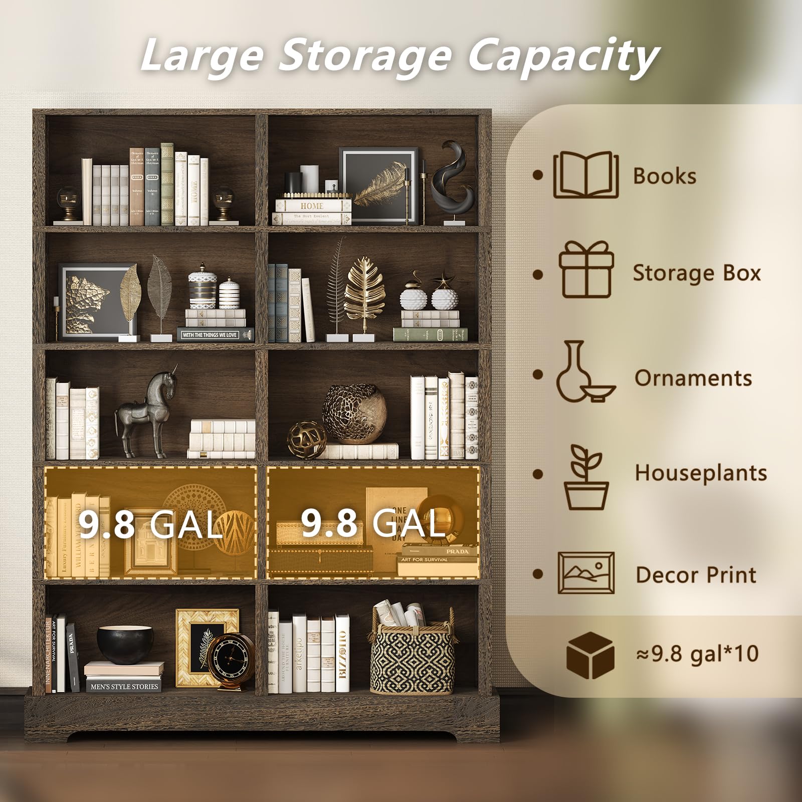 TVU 5-Tier Wood Book Shelf, 47" Wide Large Bookcase and Bookshelf, 64" Tall Bookcase with Storage, Freestanding Wood Display Book Shelves for Living Room, Home Office, Walnut