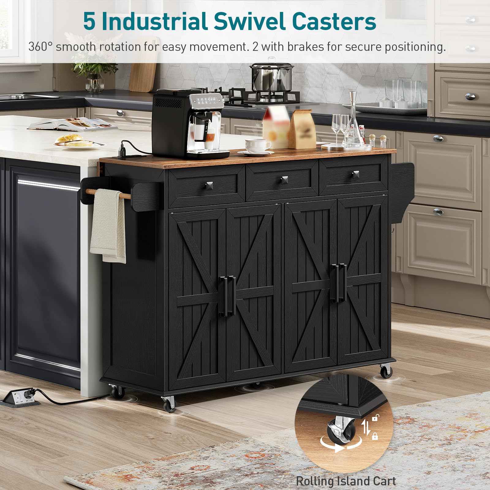Kitchen Island Cart with Drop Leaf & Power Outlet