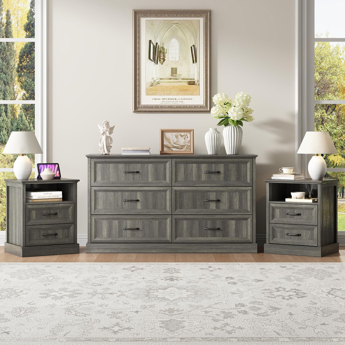 Gray Farmhouse Dresser & Nightstand Set