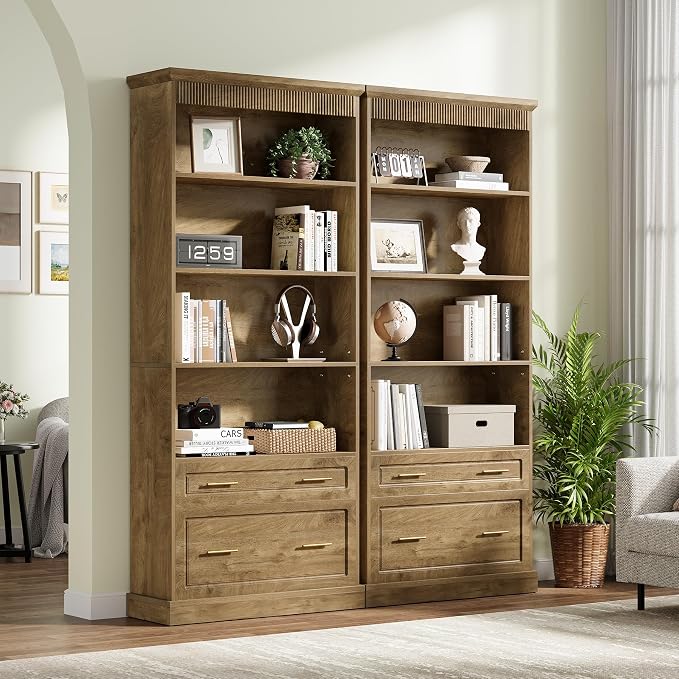 White 5-Shelf Bookcase Set with Drawers