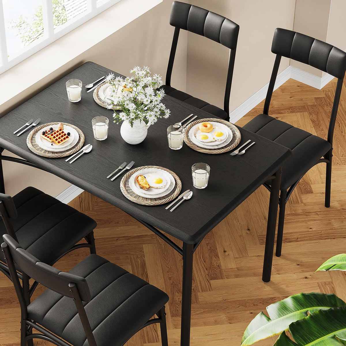 Takywep Farmhouse Dining Table Set for 4, Compact 5-Piece Wooden Kitchen Table with 4 Padded Chairs, Small Rectangular Table and Chairs Set of 4, Ideal for Apartments and Small Living Spaces, Black