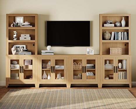 Farmhouse Entertainment Center with Bookshelves – 4-Piece Modular TV Stand