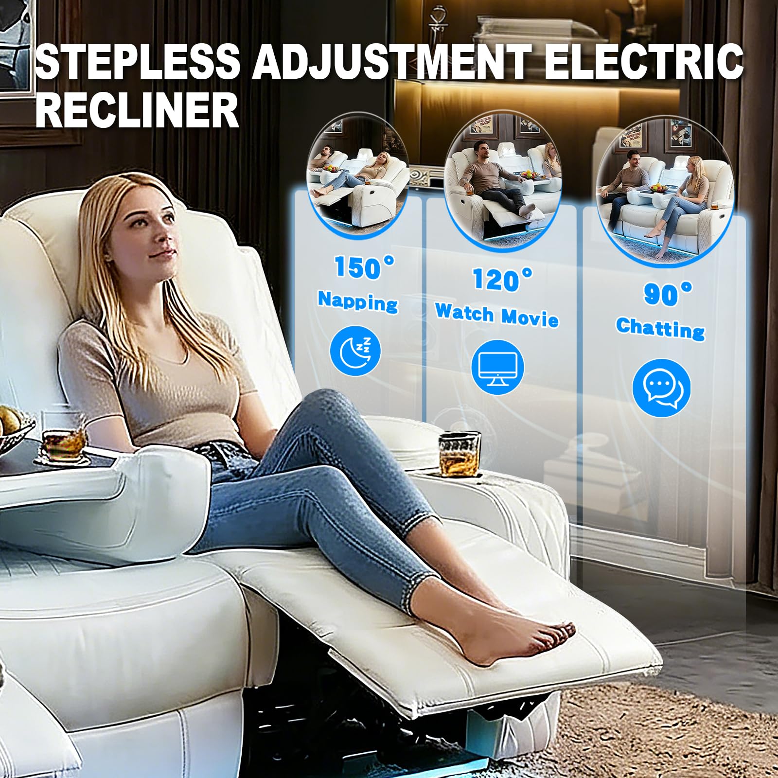 SweetGO Home Theater Seating with USB/Wireless Charging, Power Reclining Sofa wall Hugger with 20 Colors Ambient Light, Movie Theater Couch for Living Room & RV