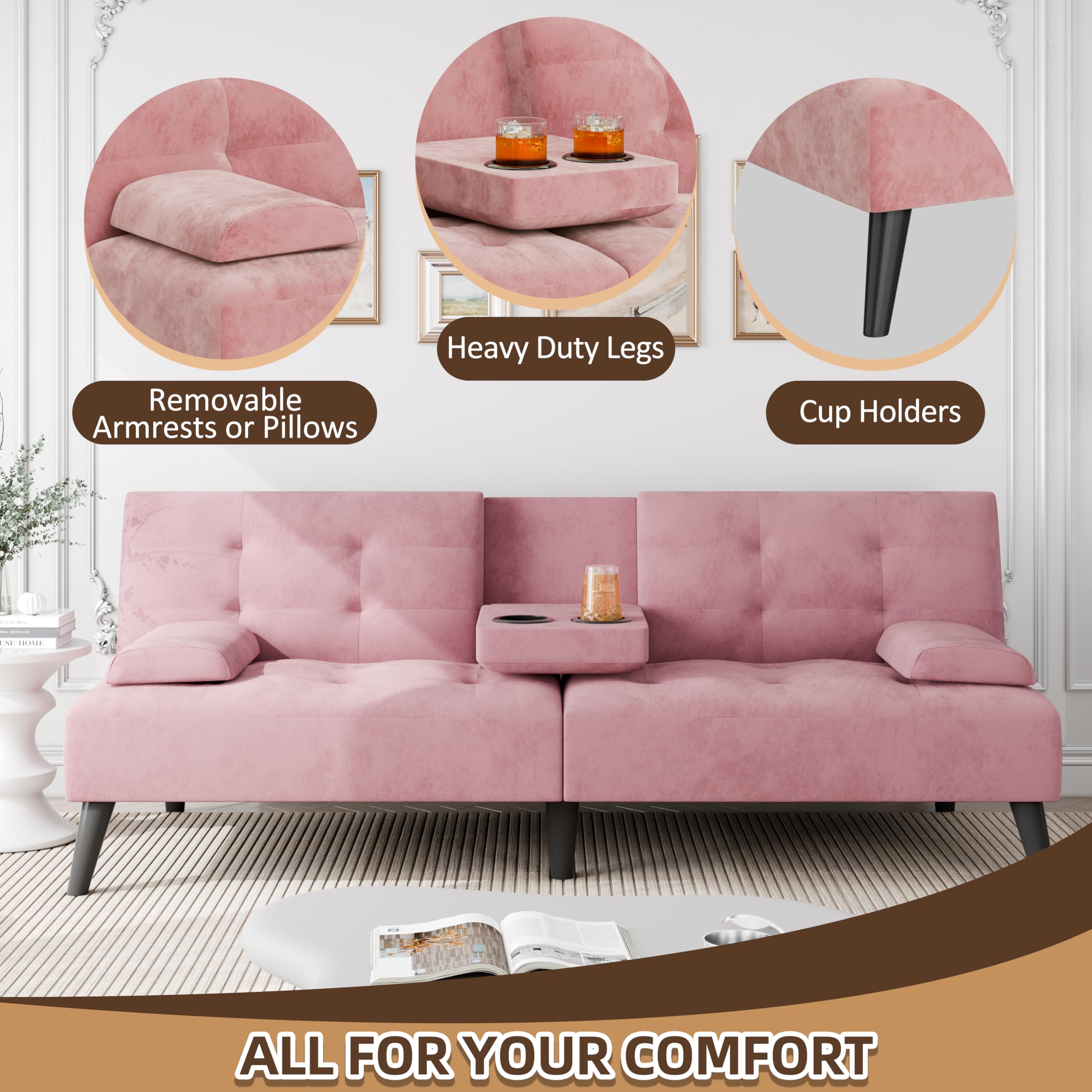 Convertible Futon Loveseat Sofa Bed with Adjustable Backrest & Cup Holders