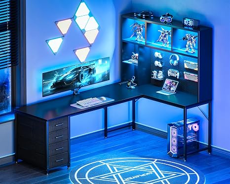 L-Shaped Gaming Desk with Hutch, Pegboard & LED Lights