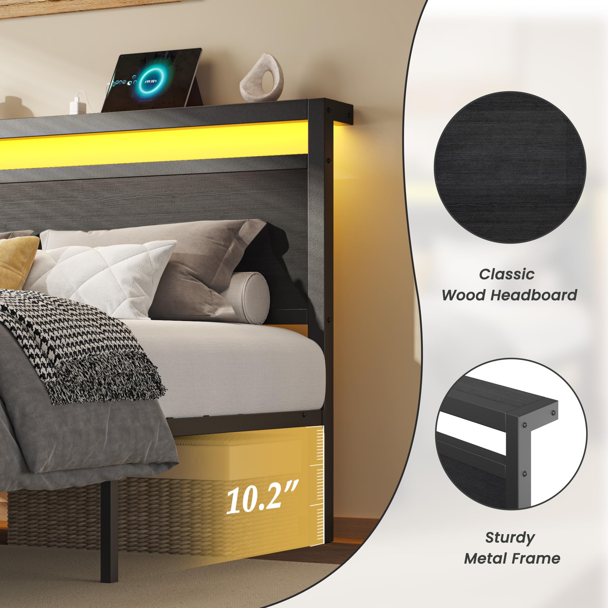 HISOFT Queen Bed Frame with Storage, Wood Headboard with Fast Charging Station, LED Lights, Platform Bed Frame Queen Size, Fabric Drawers with Wheels, No Box Spring Needed, Noise Free, Black