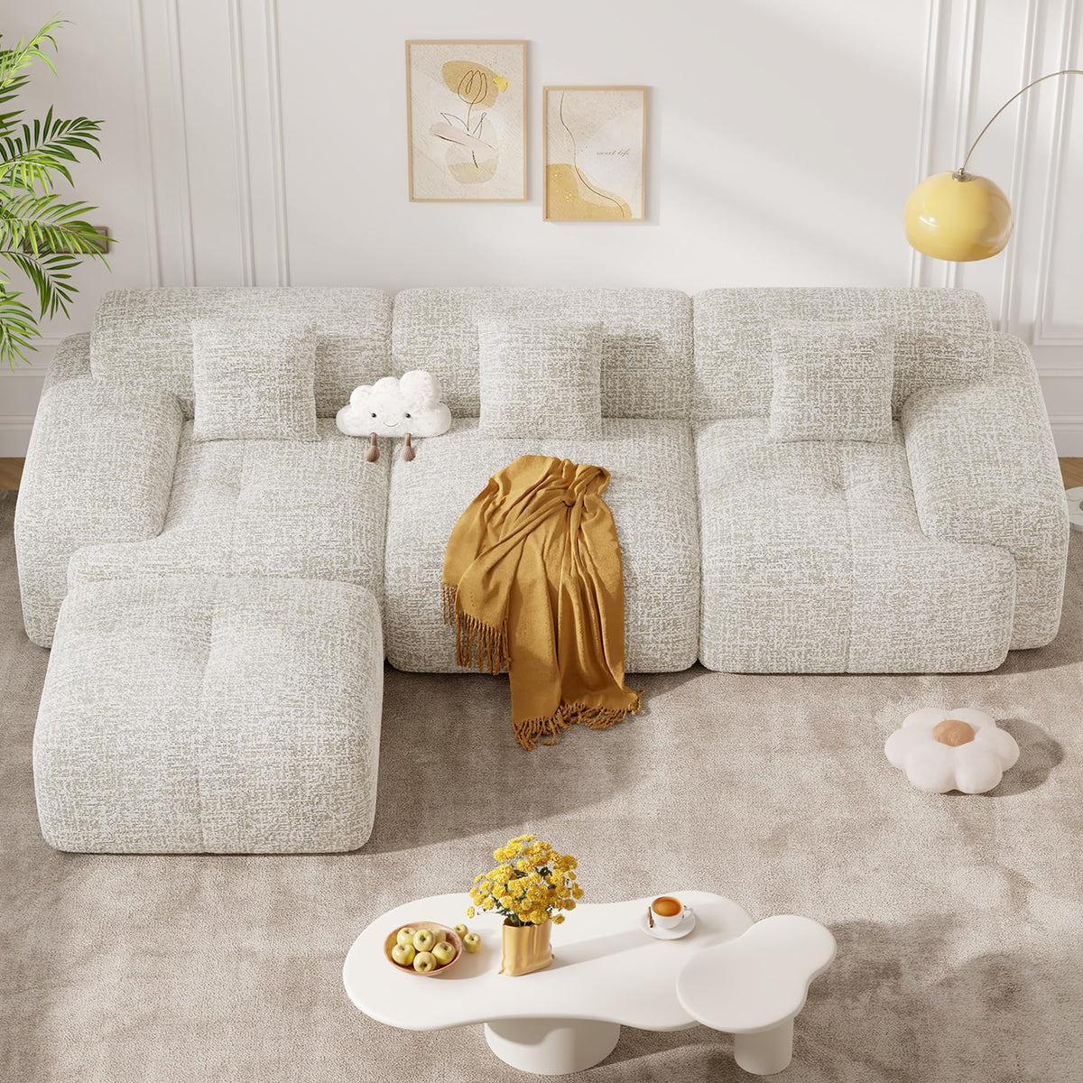 122" Modern L Shaped Modular Sectional Sofa, Boneless Couches for Living Room with Ottoman,4 Seater Convertible Chenille Cloud Couch Sofa Set, No Assembly Required, Beige 1 PCS